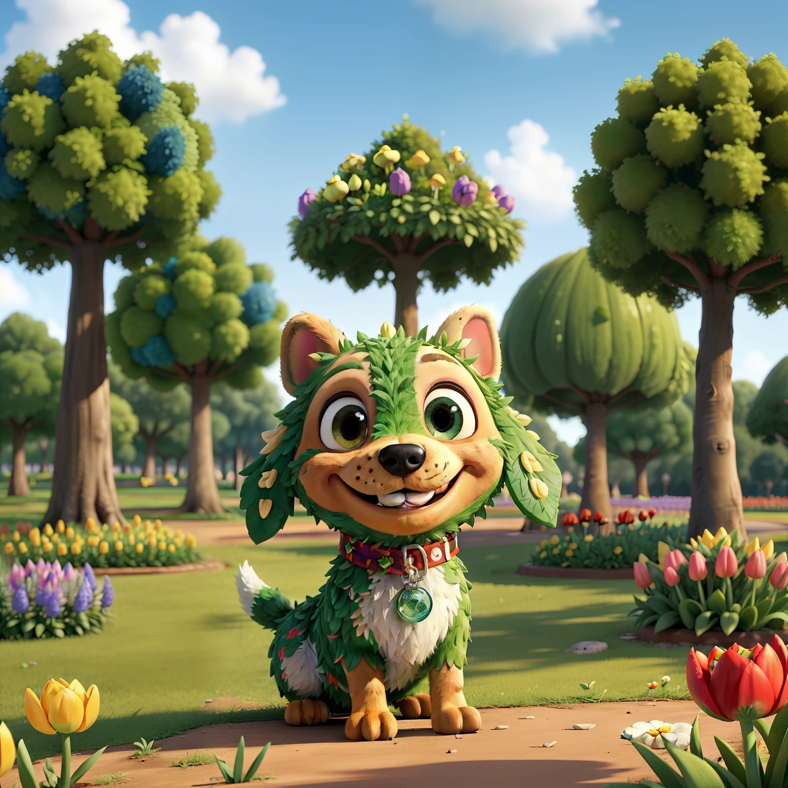 (Cute puppy:1.2), ssmile, personification, Mushroom cap on the head, rendered:(charicature:1.3,Production Movie, the pose:(Lively:1.2, amusing), modeled:(ultra-quality:1.2,8K,Orthographic view),tulips, blue-sky, for the background(A park full of greenery:1.1),｛Complex and ultra-detailed,Gediminas Planchiaye, Giuseppe Arcimboldo｝