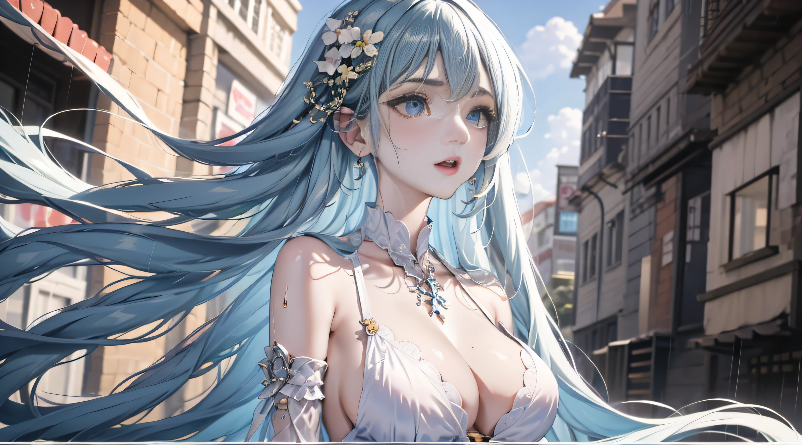 ((Best Quality, 8k, Masterpiece: 1.3)), Focus: 1.2, Perfect Body Beauty: 1.4, Buttocks: 1.2, ((Layered Haircut)), (Wet Clothes: 1.1), (Rain, Street:1.3), (Breasts: 1.2), (Hanfu: 1.2), Bare Shoulders, Bare Legs, Highly Detailed Face and Skin Texture, Fine Eyes, Double Eyelids, Whitened Skin, Long Hair, (Shut Up: 1.5), (Bokeh Background: 1.5), Big Breasts