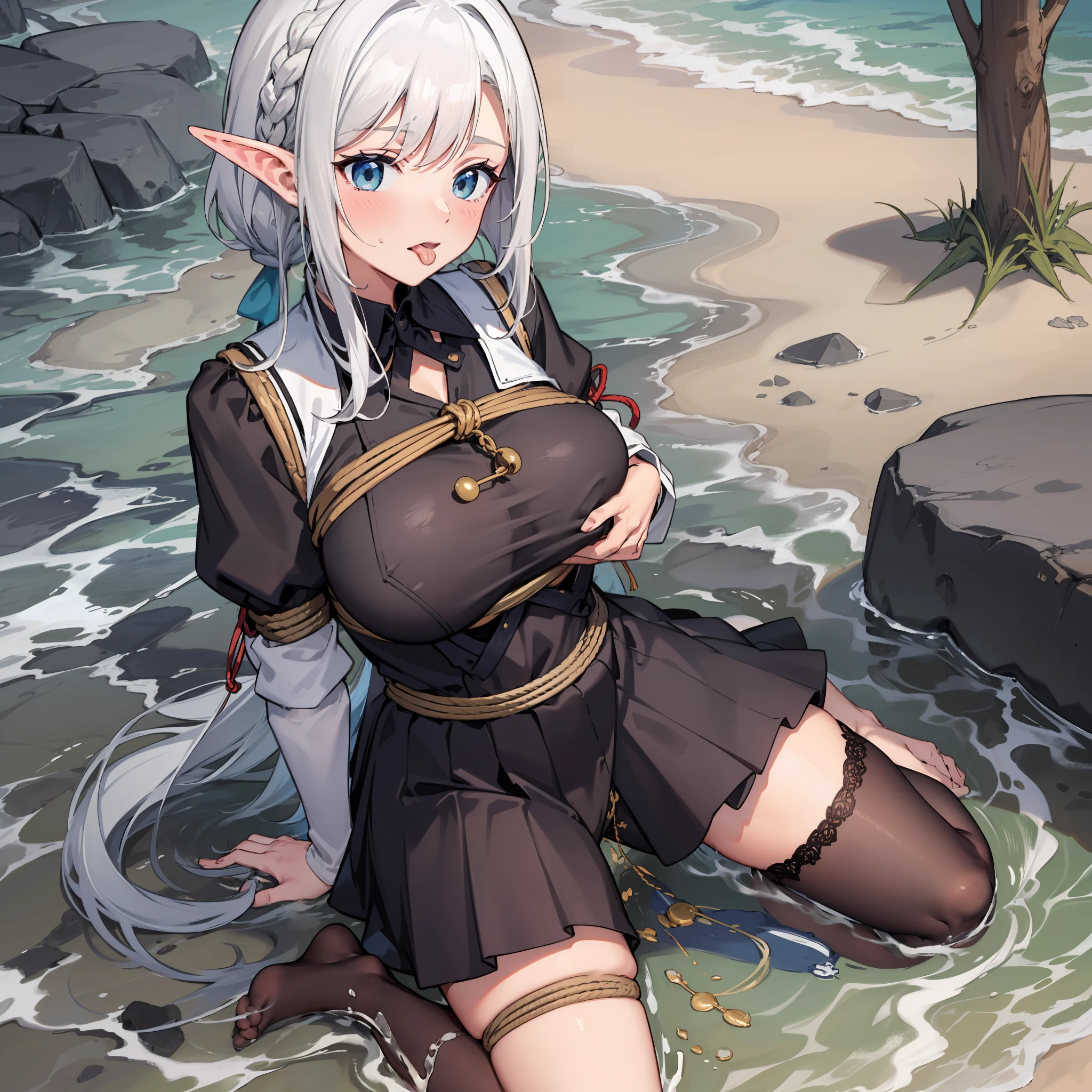 Maruko hair shape，fox tails，huge tit，Student uniform，exposing her chest，female high-school student，The whole body is tied with ropes，The chest is tied，Pee，school uniform，hyper HD，Highest high resolution，Kneeling，Barefoot，White hair，Stick out her tongue，Wear black stockings，the elf，on  the  beach，Lace