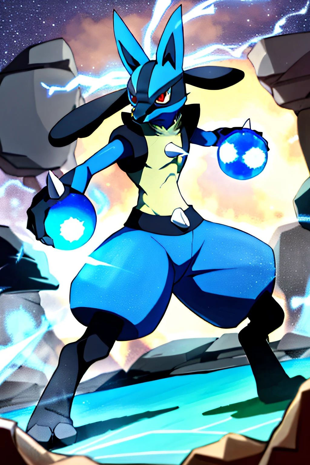 lucario, red eyes,  attack stance, casting a blue energy ball, detailed, professional lights, spikes, anime, centered, outside, cave,  blue fur, wolf, medium muzzle, ((sparks around body))