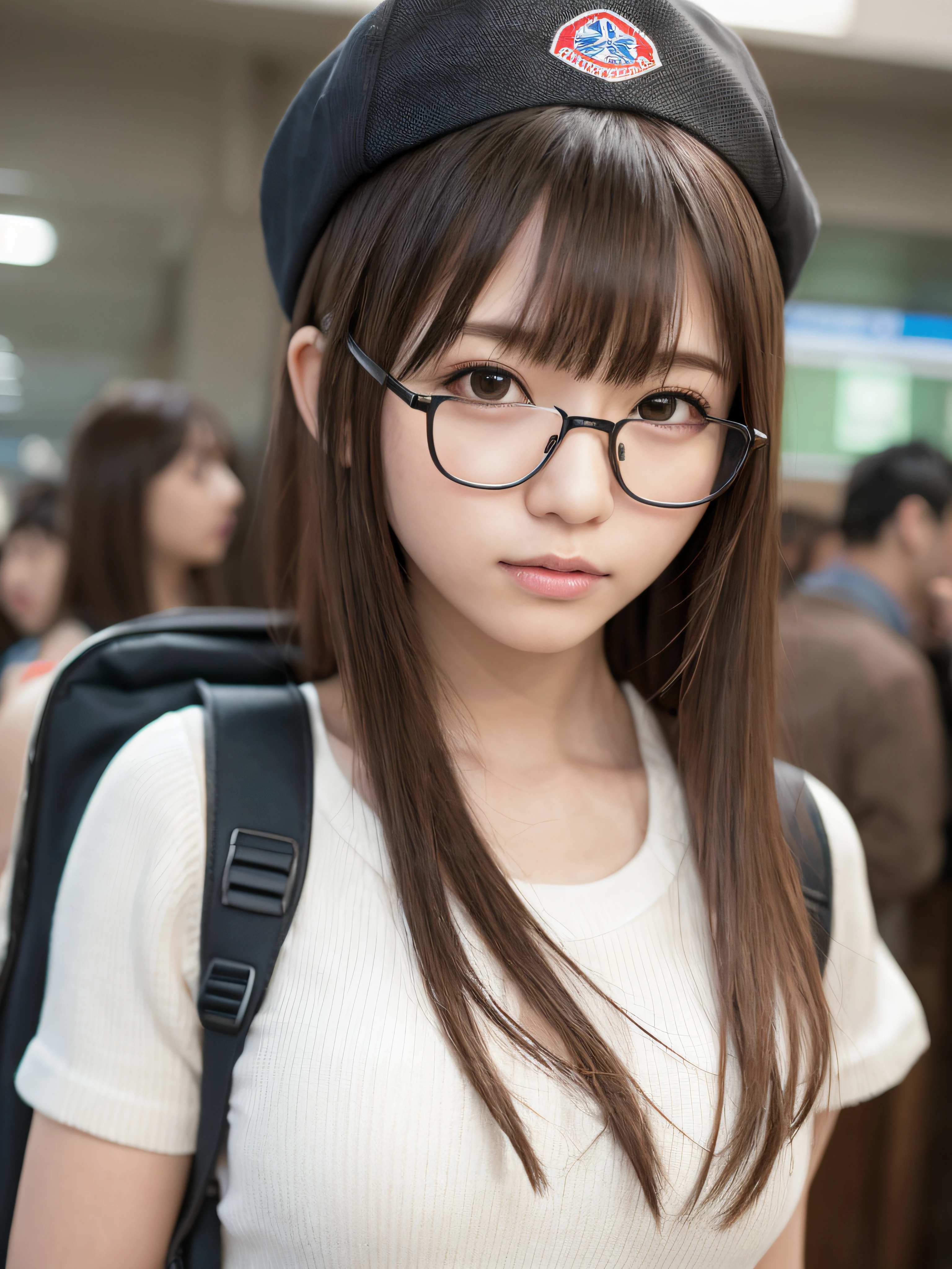 (Photorealistic), (Ultra high realistic), (Ultra high definition), (Ultra high detailed), (1girl), Beautiful face, Cute face, face slimming, Japanese young girl, semi-long curly hair, (light brown hair), ((Slimmer)), ((white shirt)), ((brown short pants)), (cap), ((black boots)), ((Carrying a super ultra very large backpack for camping)), wearing glasses, Movie Lighting, at the Shibuya station,