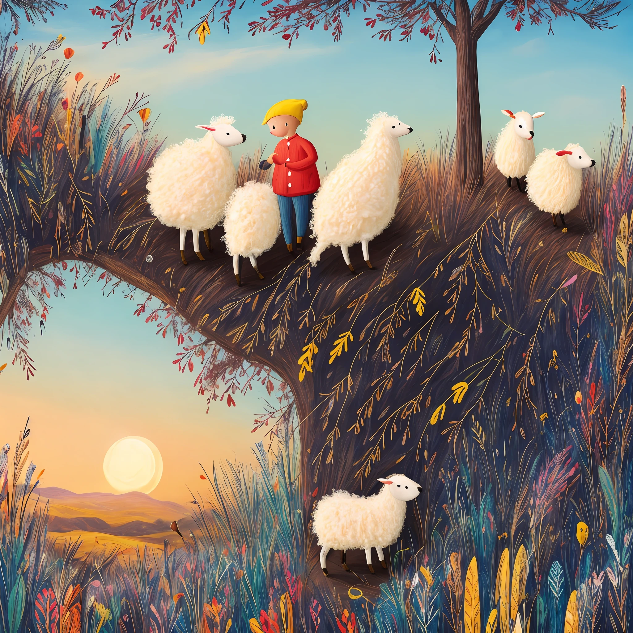 Create a gripping illustration of a Lost sheep and its caring shepherd in a picturesque countryside scene. The little sheep is described as beautiful and adorable, with a shy expression, but hopeful. O pastor, retratado como uma figura gentil, is guiding the lost sheep back to safety with a gentle, reassuring presence. Cerque-os de colinas ondulantes, Um riacho tranquilo, e um rebanho de ovelhas contentes pastando nas proximidades. Use Beatrix Potter's delicate and detailed style to bring out the innocence and warmth of this tender moment. Let the illustration evoke a sense of comfort, orientation, and the enduring bond between a shepherd and his flock, reminiscent of Beatrix Potter's timeless illustrations in her beloved children's books."