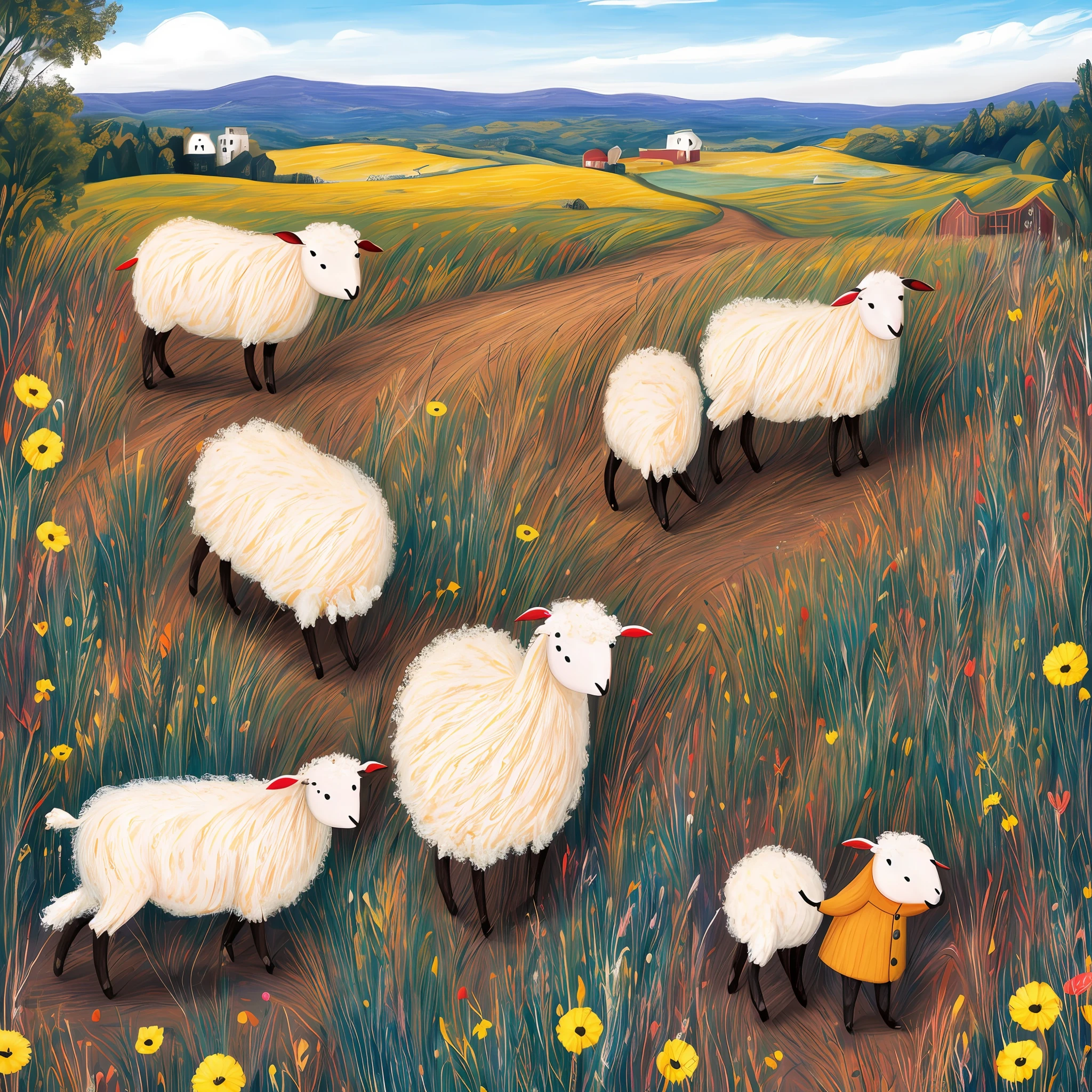 Create a gripping illustration of a Lost sheep and its caring shepherd in a picturesque countryside scene. The little sheep is described as beautiful and adorable, with a shy expression, but hopeful. O pastor, retratado como uma figura gentil, is guiding the lost sheep back to safety with a gentle, reassuring presence. Cerque-os de colinas ondulantes, Um riacho tranquilo, e um rebanho de ovelhas contentes pastando nas proximidades. Use Beatrix Potter's delicate and detailed style to bring out the innocence and warmth of this tender moment. Let the illustration evoke a sense of comfort, orientation, and the enduring bond between a shepherd and his flock, reminiscent of Beatrix Potter's timeless illustrations in her beloved children's books."