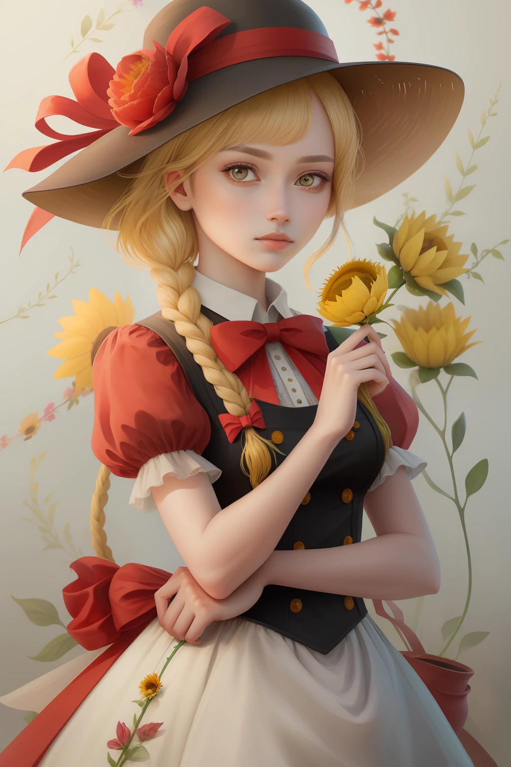 ray tracing,{best quality}, {{masterpiece}}, {highres}, original, extremely detailed 8K wallpaper, {an extremely delicate and beautiful},incredibly_absurdres,colorful,intricate detail,artbook,flower, 1girl, hat, plant, straw_hat, leaf, lily_\(flower\), potted_plant, sleeveless, solo, looking_at_viewer, sunflower, hat_flower, breasts, bare_shoulders, bangs, medium_breasts, upper_body, parted_lips,White skirt