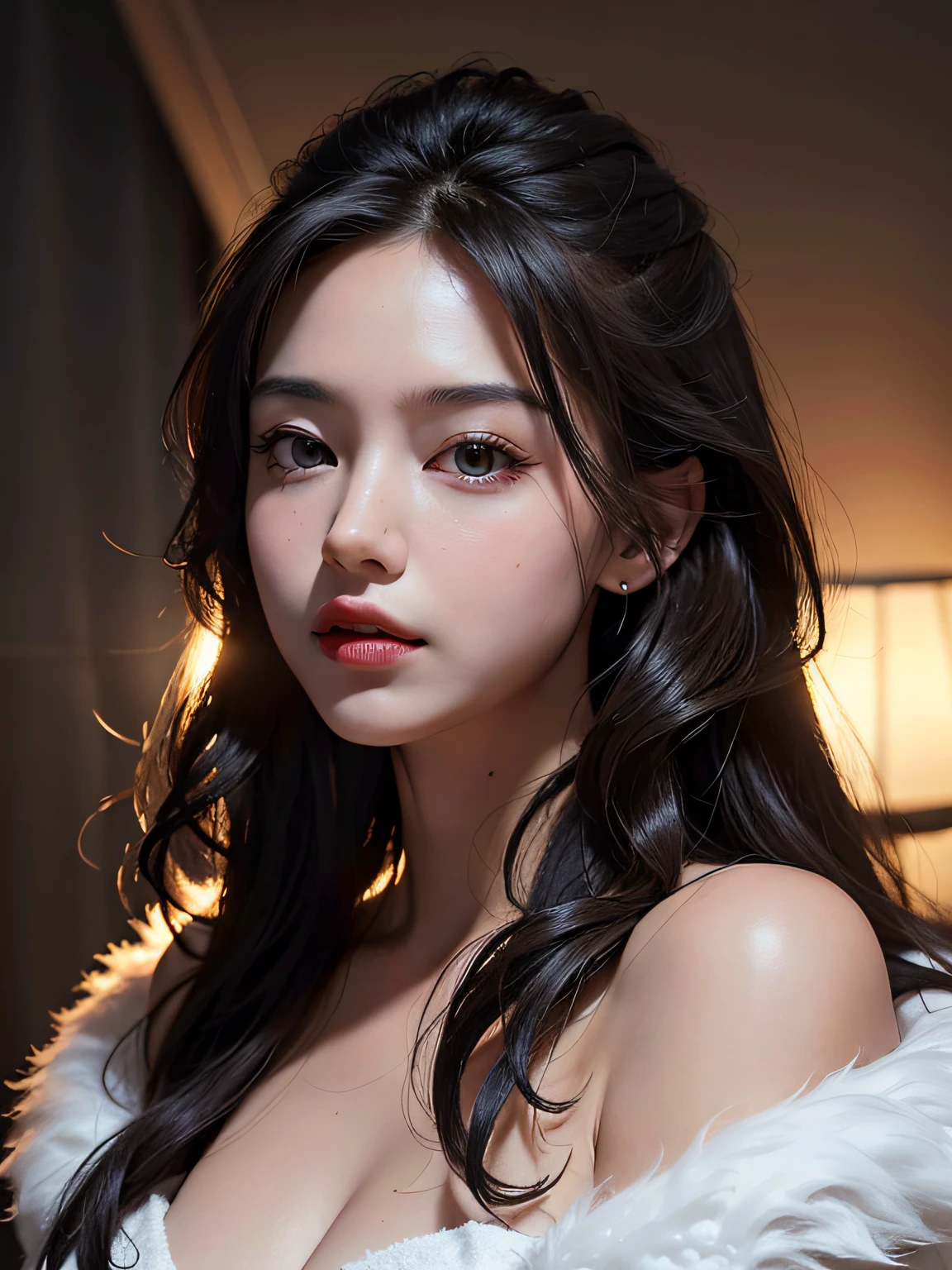 Best picture quality,Masterpiece level,Ultra-high definition,Ultimate realism(1.4),A sexy woman,Wavy shoulders,Glowing skin,Cold and dark environment,Deep shadows,Understated cold light。