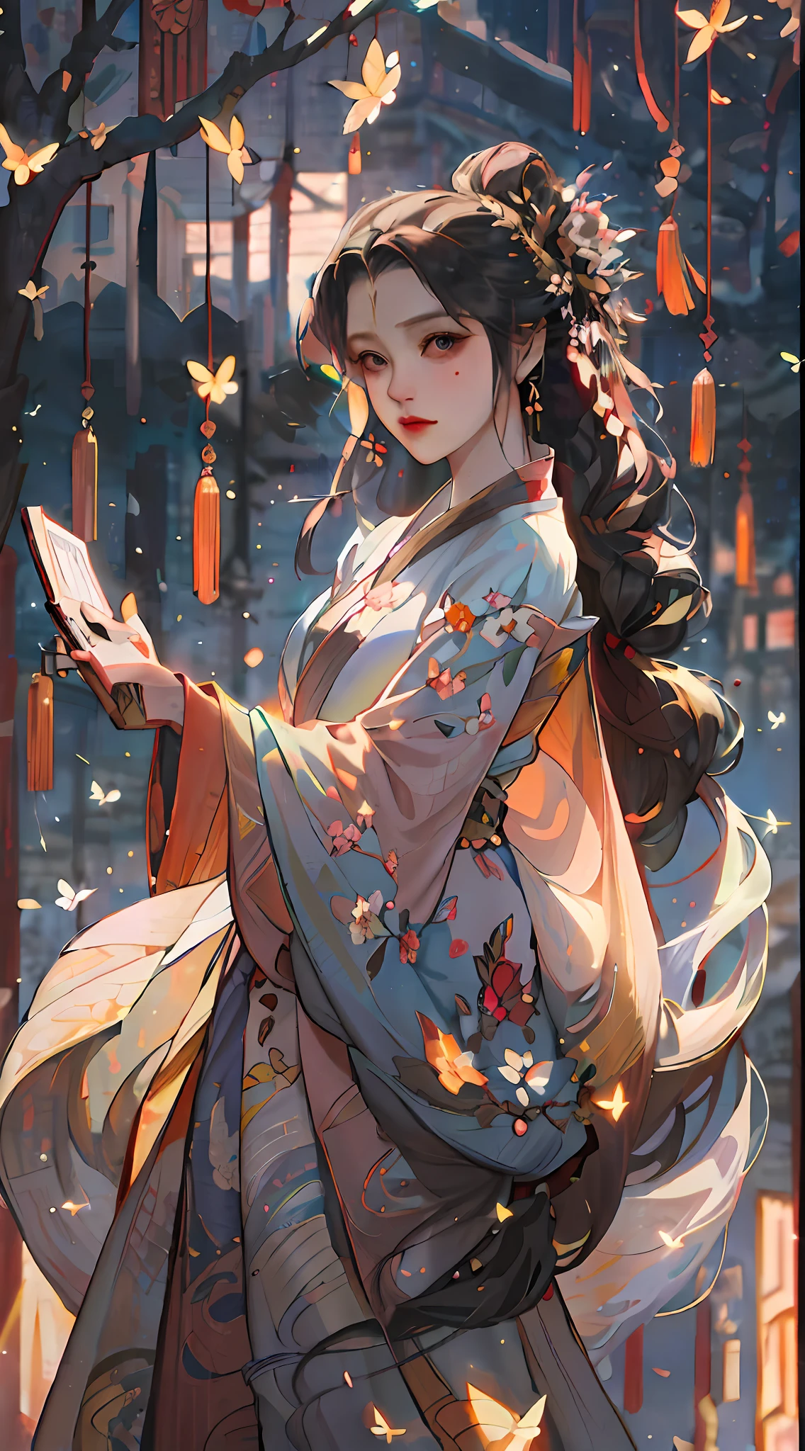 Anime girl in kimono holding a book in front of a tree, Palace , A girl in Hanfu, Guviz-style artwork, Alphonse mucha and rossdraws, Beautiful character painting, Artgerm and Atey Ghailan, Beautiful digital artwork, Guweiz in Pixiv ArtStation, A beautiful artwork illustration, by Yang J