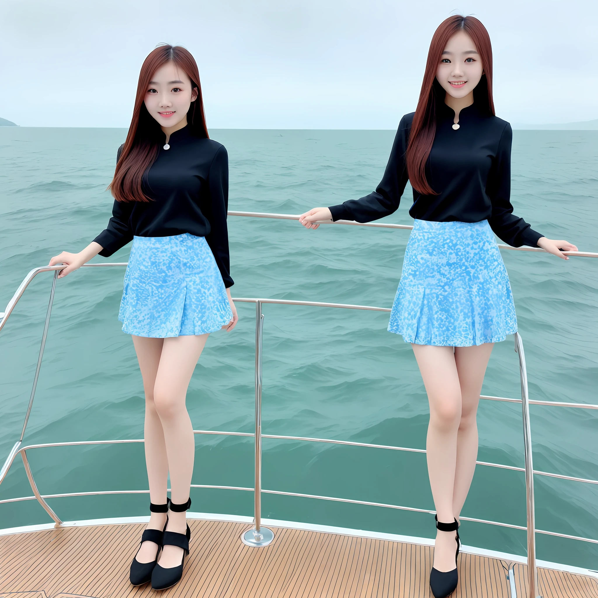 Chinese girl Zongfa short skirt seaside chest big standing background big boat