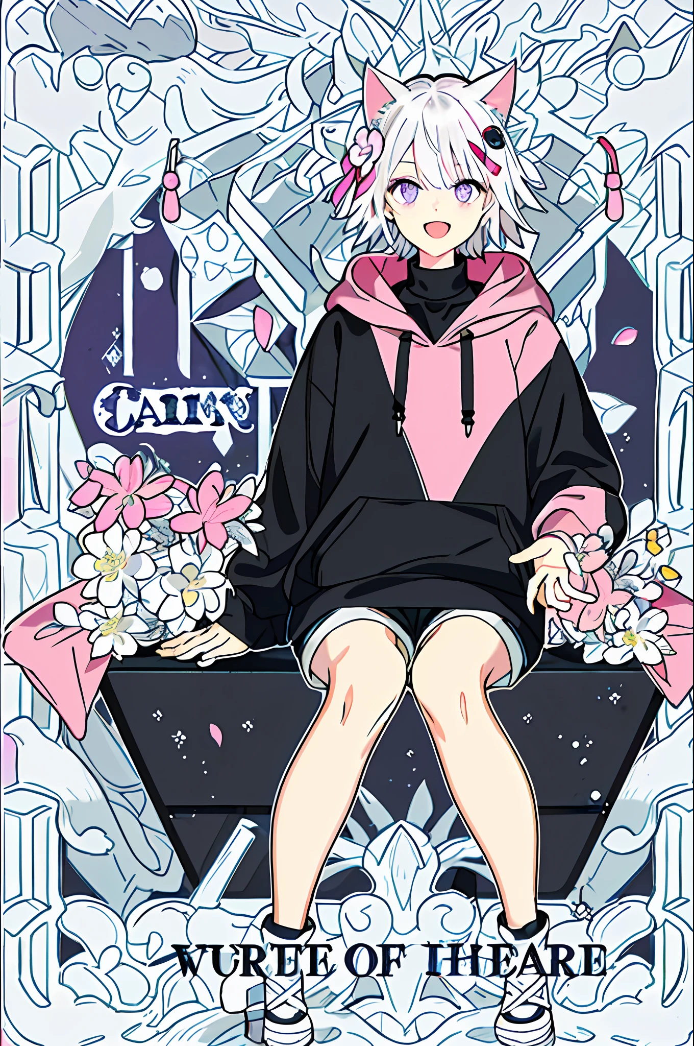 (( cat ears, short hair, silver hair, white hair, purple eyes))(( Braid))(( smile)( open mouth))((( petite girl),( slender body)),))((( wide collar clothes))(( turtleneck hoodie))(( put one's hand in one's pocket))(( pink color clothes)))(( shorts))(( sitting,))(( clearly drawn face))(( beautiful detailed eyes, super detailed skin))(( flower garden, outdoor))
BRAEK
(magazine:1.1), (cover-style:1.3), fashionable, vibrant, outfit, posing, front, colorful, dynamic, background, elements, confident, expression,statement, accessory, majestic, scene, text, cover, bold, attention-grabbing, title, stylish, font, catchy, headline, larger, striking, modern, trendy, focus, fashion,