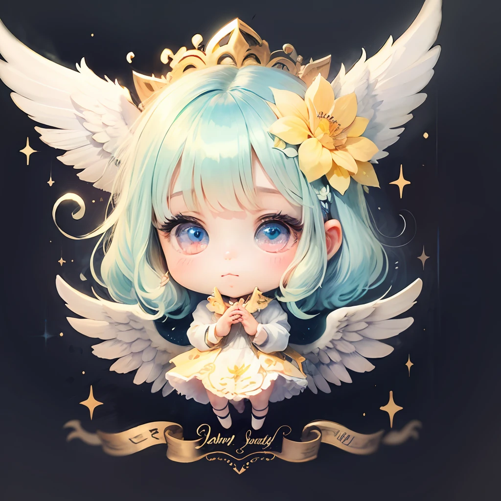 Seamless celestial enchanted forest cute adorable chibi angel with wings birthday invitation on a black background and blank space to write. Watercolor style, with a bit of white, and gold theme --auto --s2