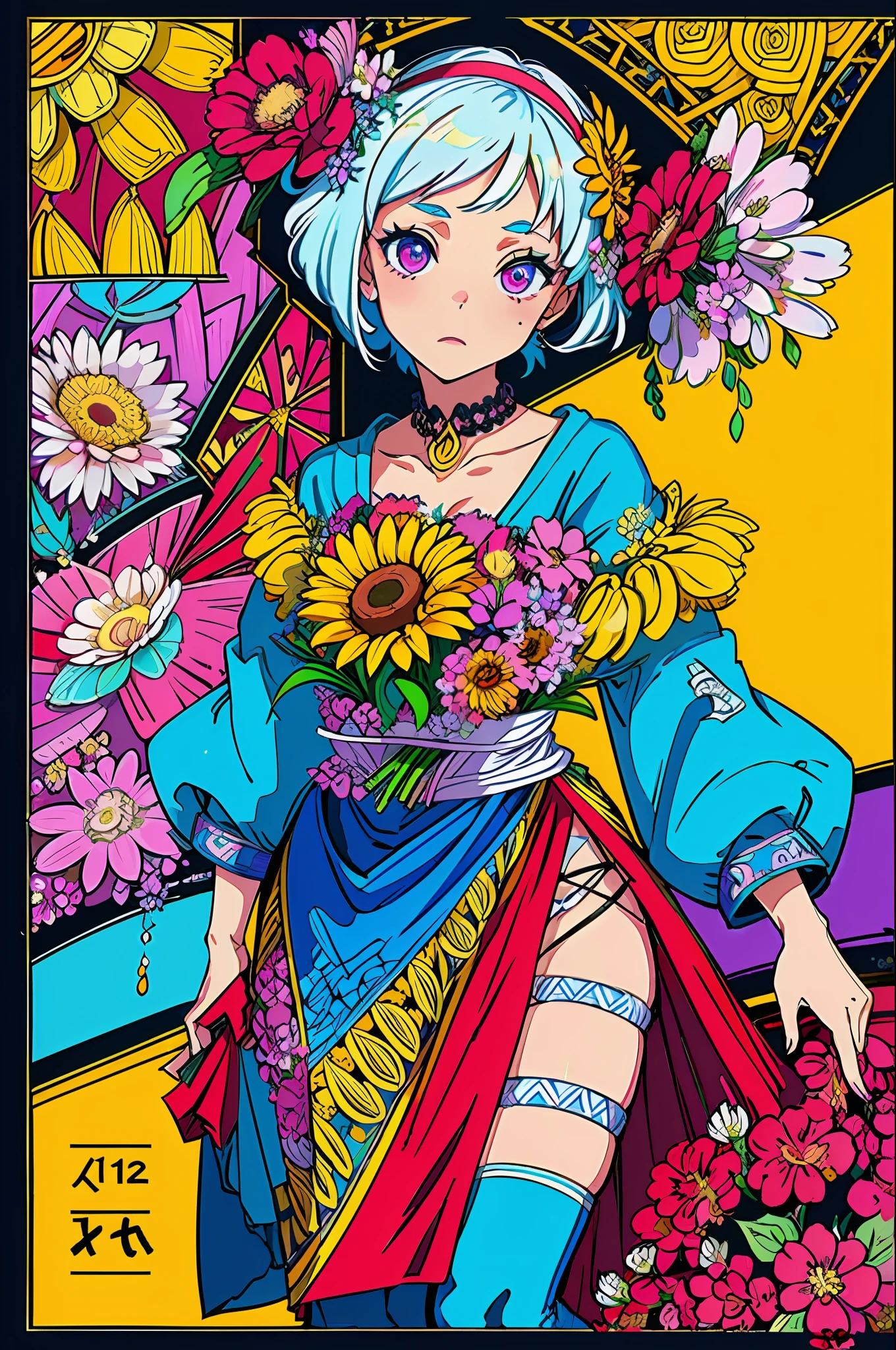 (ultra-detailed background, detailed background), absurdres, highres, ultra detailed, extremly detailed, 1girl, (bunch of flowers:1.3), (zentangle:1.2), (geometric:1.2),(colorful),