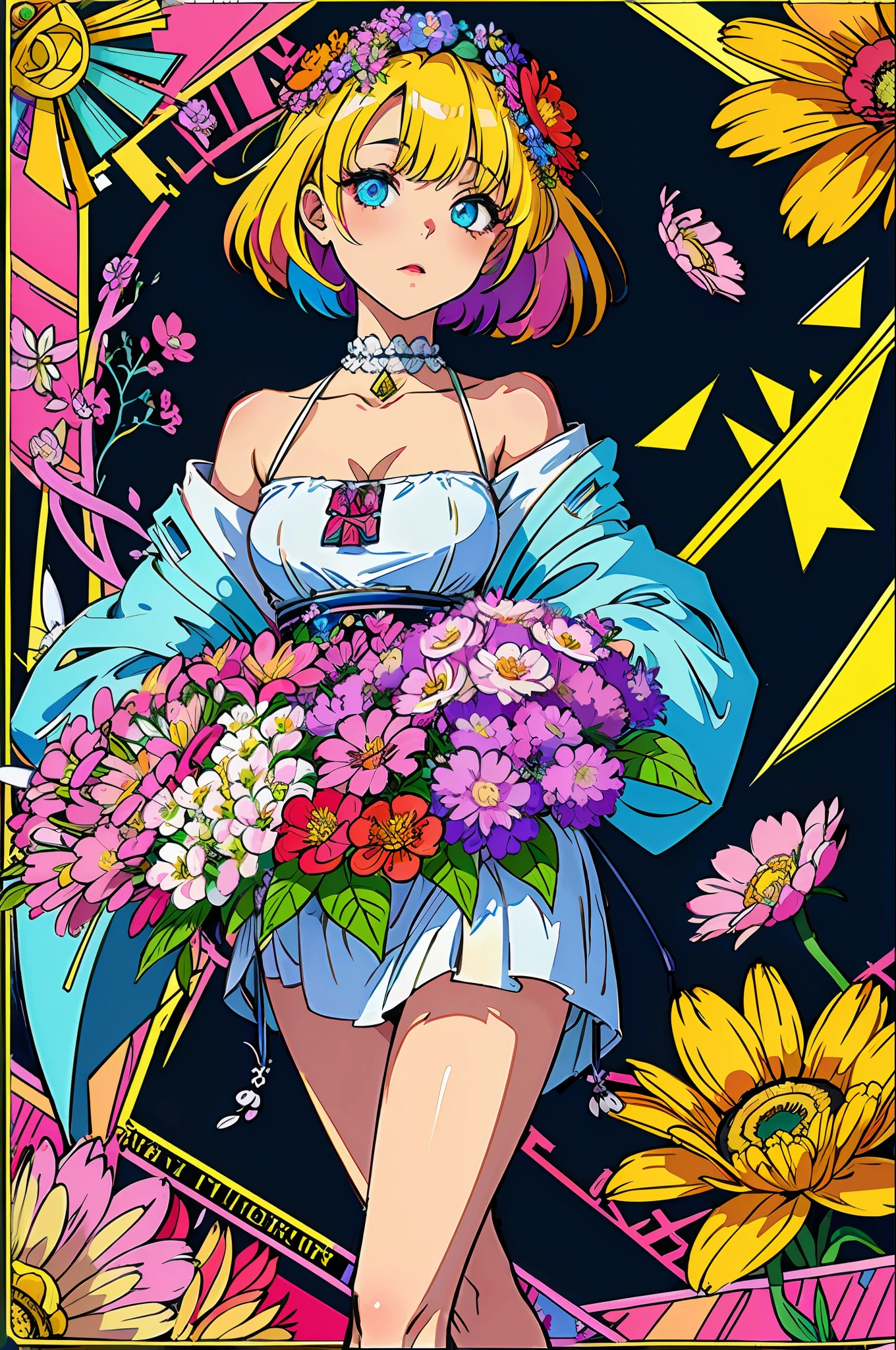 (ultra-detailed background, detailed background), absurdres, highres, ultra detailed, extremly detailed, 1girl, (bunch of flowers:1.3), (zentangle:1.2), (geometric:1.2),(colorful),