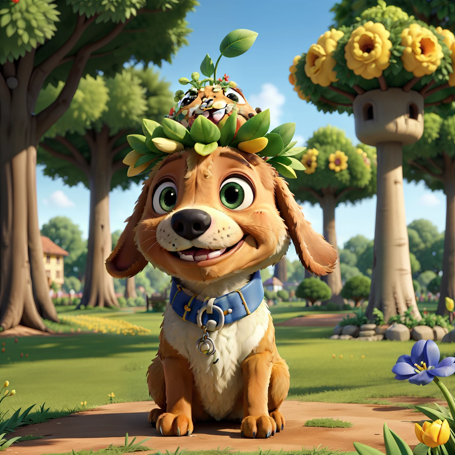 (Cute puppy:1.2), ssmile, personification, Mushroom cap on the head, rendered:(charicature:1.3,Production Movie, the pose:(Lively:1.2, amusing), modeled:(ultra-quality:1.2,8K,Orthographic view),tulips, blue-sky, for the background(A park full of greenery:1.1),{Complex and ultra-detailed,Gediminas Plankiai, Giuseppe Arcimboldo}