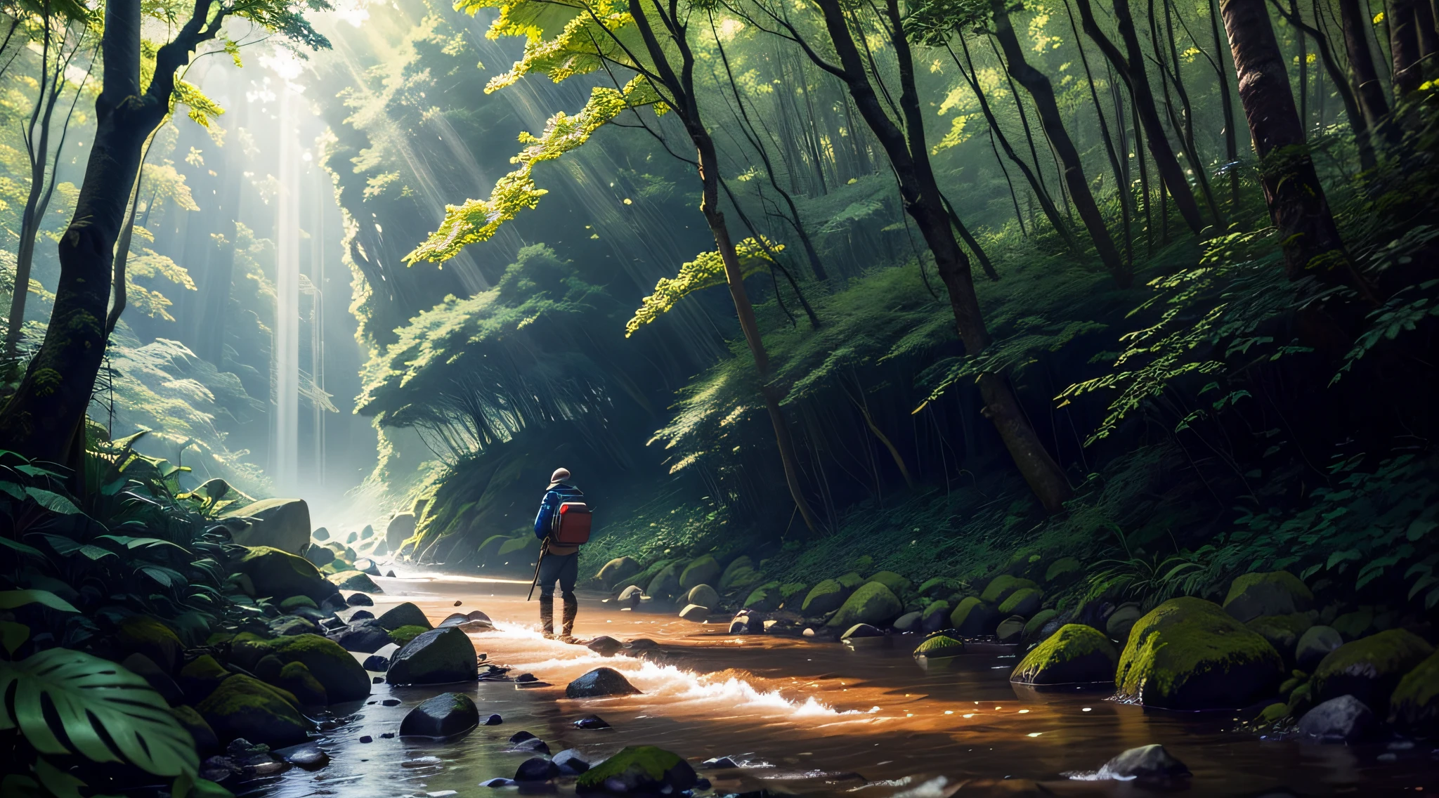 Descreva a personagem explorando um novo lugar com uma mochila nas costas, walking along a trail surrounded by tall trees, fallen-leaves, Rays of sun breaking through the forest cover, a stream running by the side of the trail the person walking sees the crystal clear water reflecting in the soft morning light, enquanto borboletas, Birds and other forest animals fly by. (Illustrate all these elements with a high visual quality and enchanting atmosphere) --auto