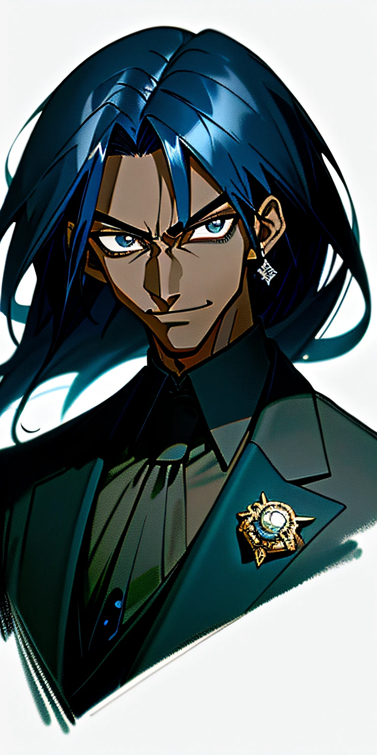 (masterpiece, amazing art), anime-style art with (dark blue hair, black skin, sleek black and white suit, edgy and confident vibe), stylish smirk smile with a hint of mocking expression, portrait, detailed face, good quality