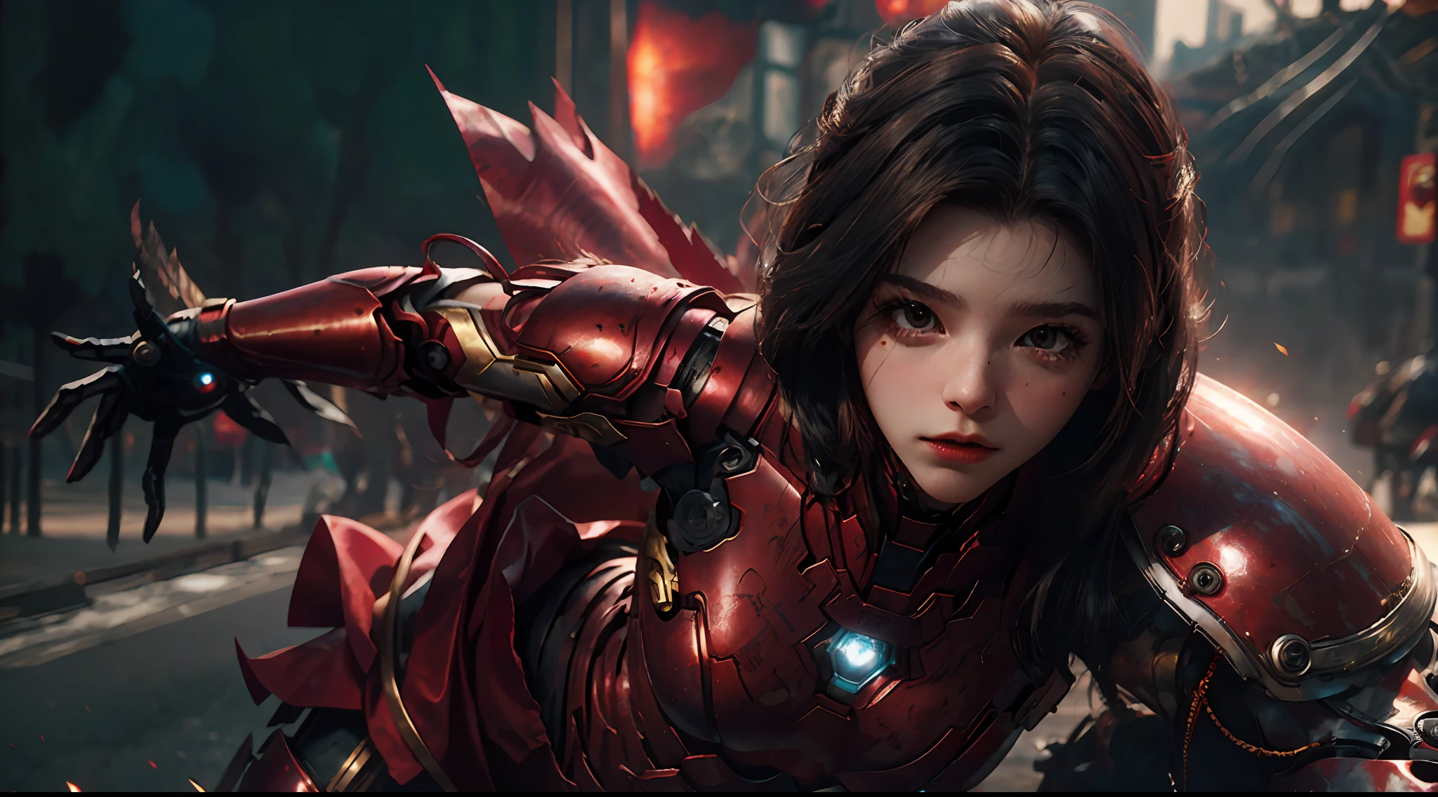 woman in a red and gold suit is posing on a skateboard, park shin hye as a super villain, realistic cosplay, like ironman, covered in full metal armor, in style of marvel, armor girl, lady in red armor, girl in mecha cyber armor, emma watson as iron man, masayoshi suto and artgerm, medium close - up ( mcu ) --auto