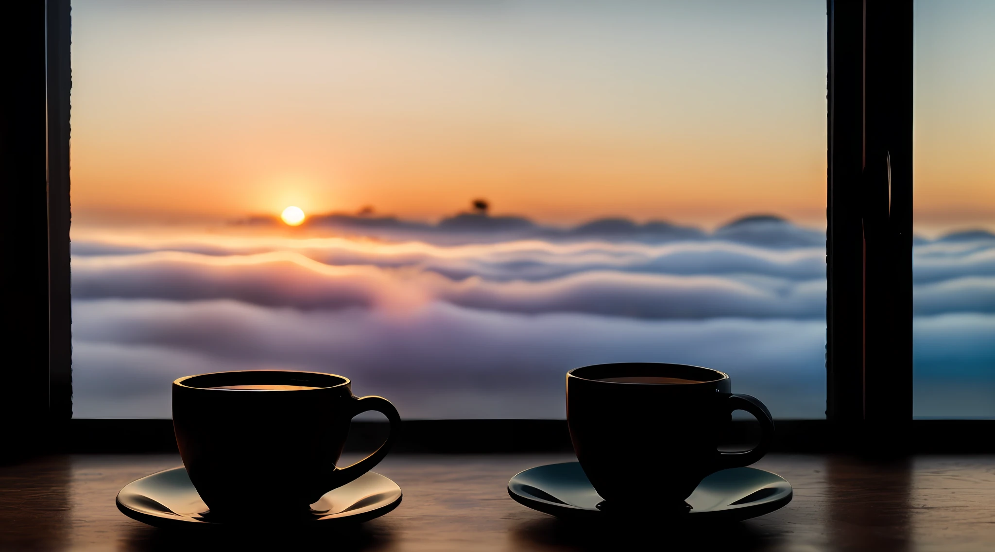 Create a relaxing image, from a window with the sunset, small droplets of water on the fog glass, small roses outside blurred in the background, in the window a cup of black porcelain coffee and a brown guitar, ultra realistic, 8K, photo taken by a professional photography camera, incredible textures of realistic