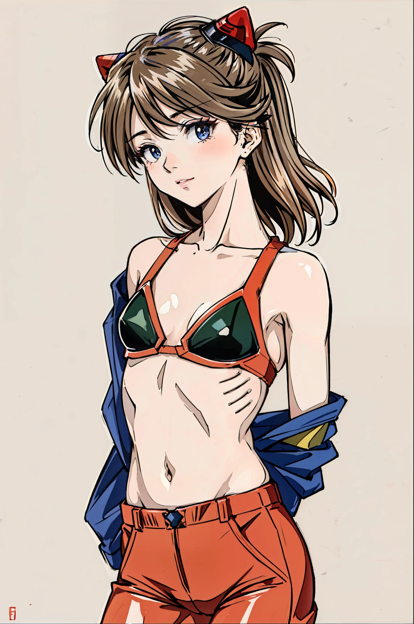 foto retrato de ((Asuka Langley en cuerpo entero)), (((beautiful asuka langley anorexic))), ((muy flaca en bikini)), (((huesos y costillas visibles))), ((small flat breasts)), ((very small waist)), piernas delgadas, ((rostro hermoso)), ((vista de perfil cuerpo entero)), (((concave abdomen))), ((Asuka Langley muy muy flaca)), ((fondo blanco)). ((Cabello al viento)).