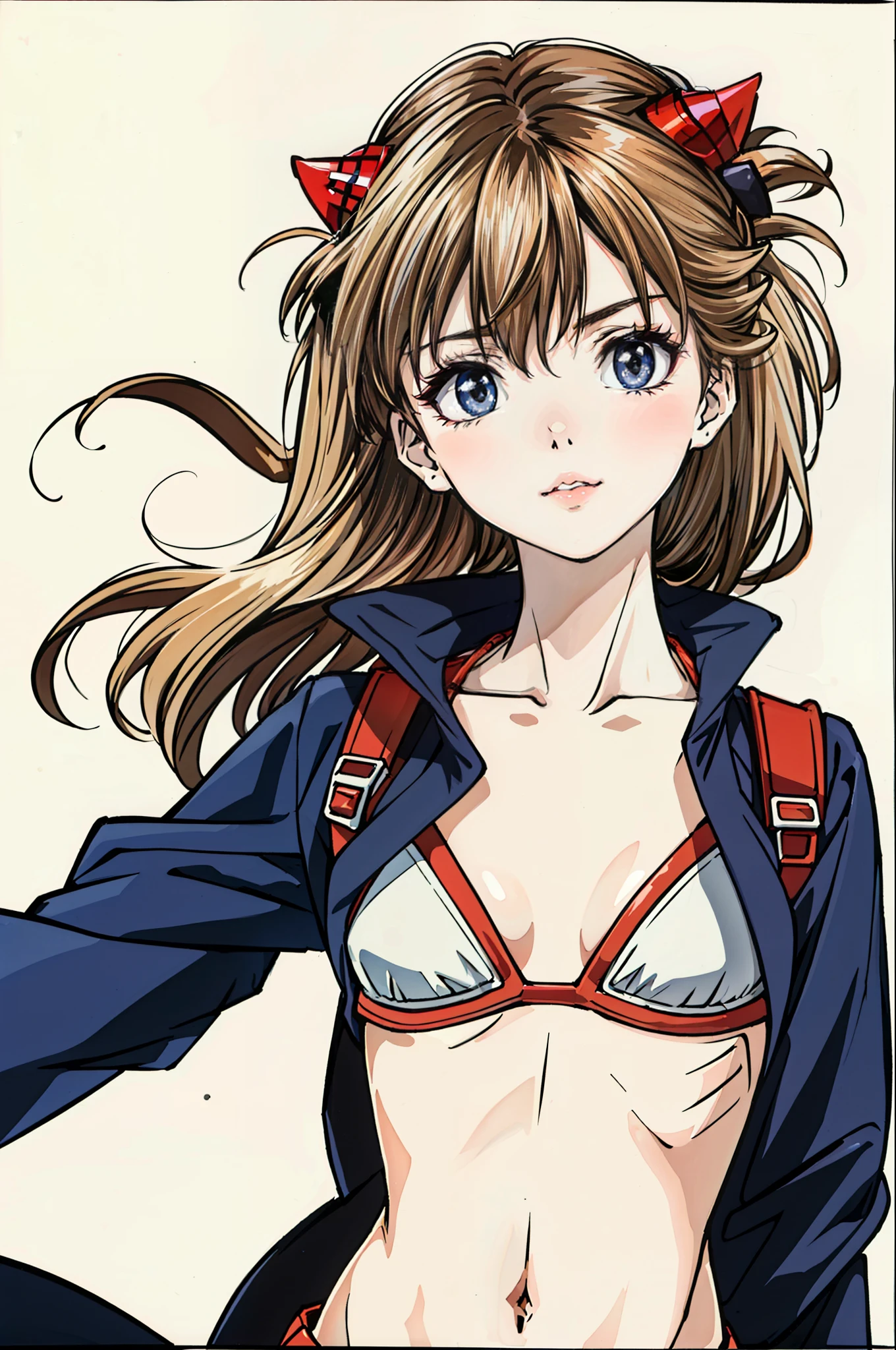 foto retrato de ((Asuka Langley en cuerpo entero)), (((beautiful asuka langley anorexic))), ((muy flaca en bikini)), (((huesos y costillas visibles))), ((small flat breasts)), ((very small waist)), piernas delgadas, ((rostro hermoso)), ((vista de perfil cuerpo entero)), (((concave abdomen))), ((Asuka  Langley muy muy flaca)), ((fondo blanco)). ((Cabello al viento)).