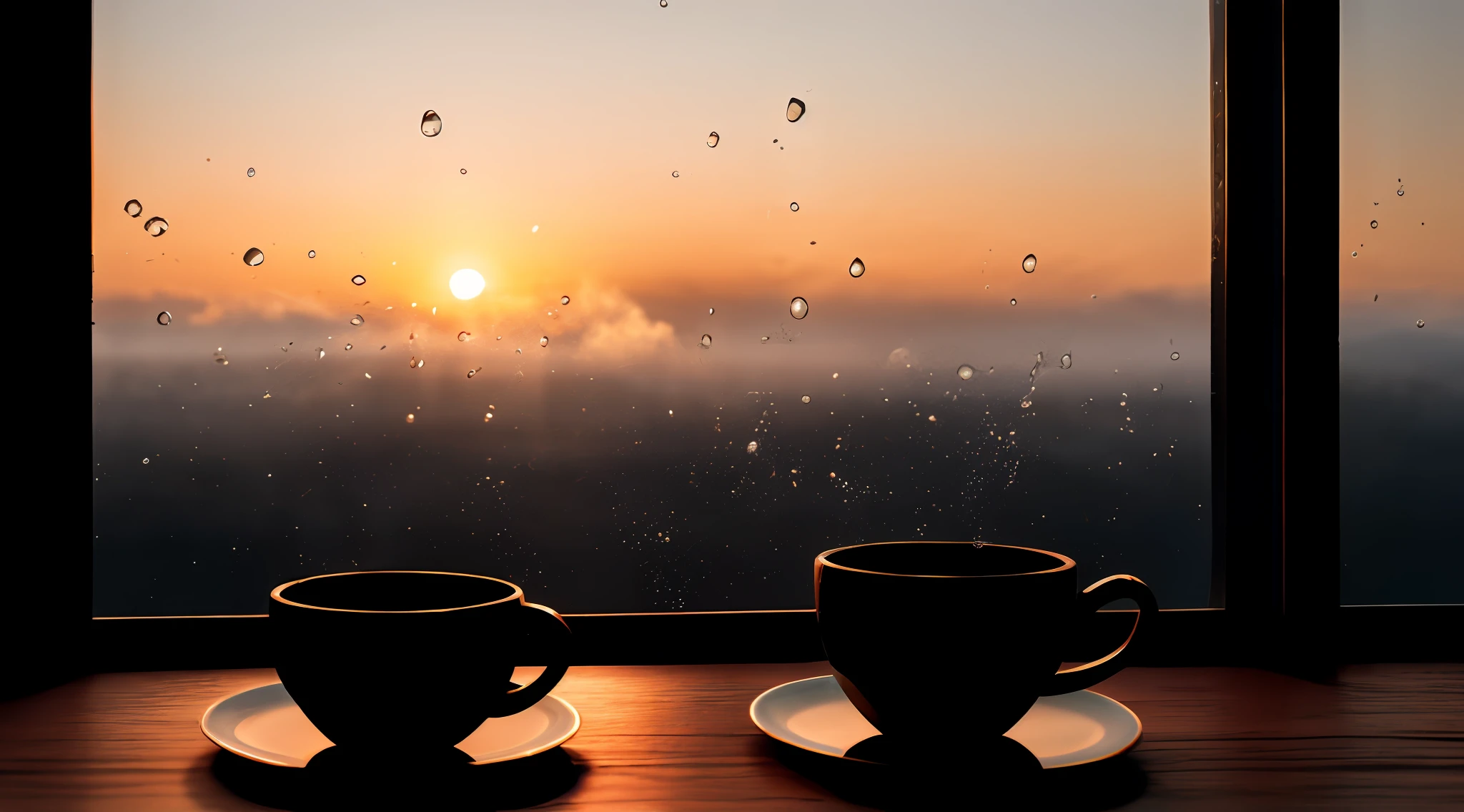 Create a relaxing image, from a window with the sunset, small droplets of water on the fog glass, small roses outside blurred in the background, in the window a cup of black porcelain coffee and a brown guitar, ultra realistic, 8K, photo taken by a professional photography camera, incredible textures of realistic