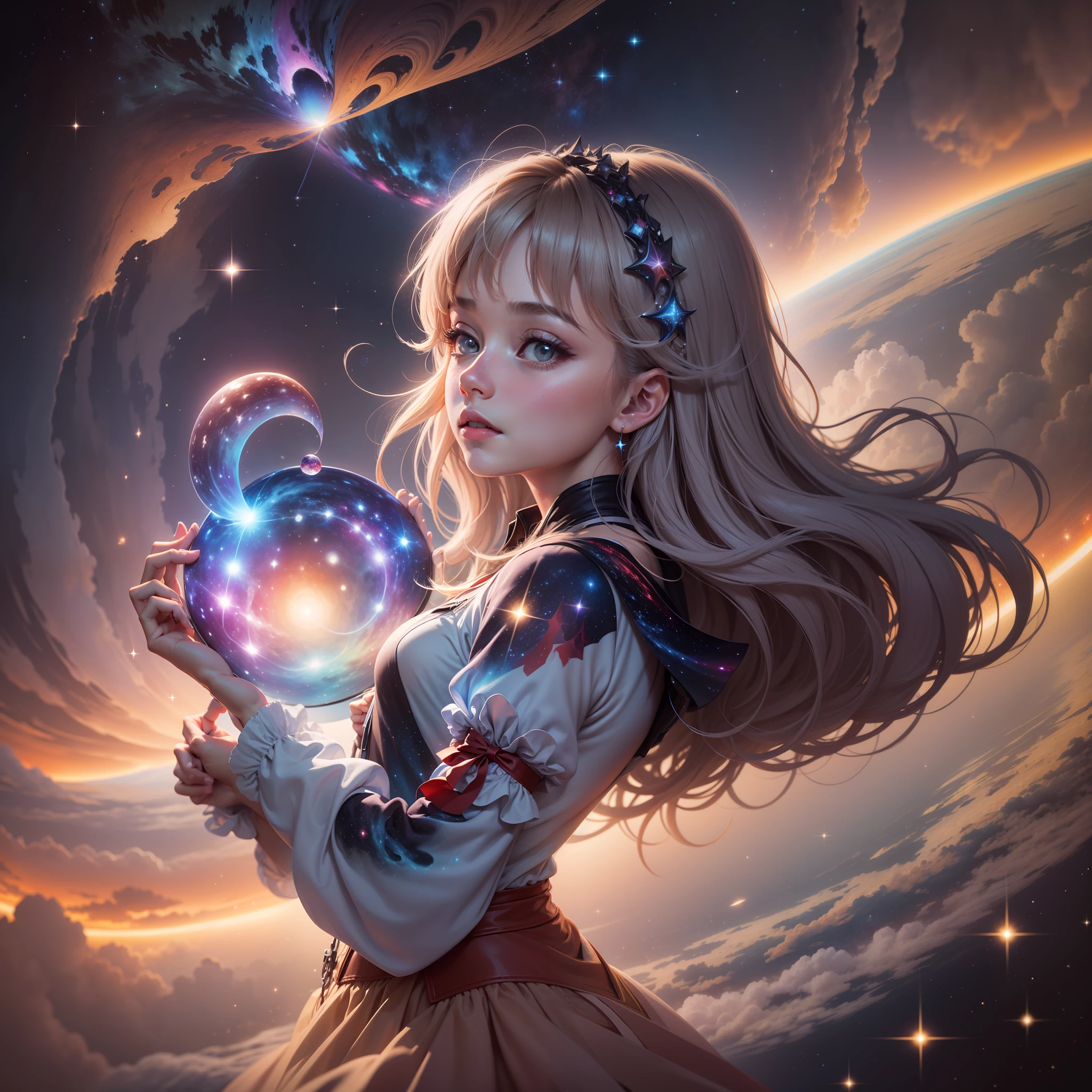 "Imagine-se flutuando em meio ao universo infinito, observing a singularity in outer space. Uma obra de arte ultra realista que retrata a grandiosidade e beleza do cosmos, with a dazzling galaxy and subtle colors, but which still convey a sense of mystery and fascination. Allow yourself to contemplate this epic scene and let your imagination soar beyond the stars."
