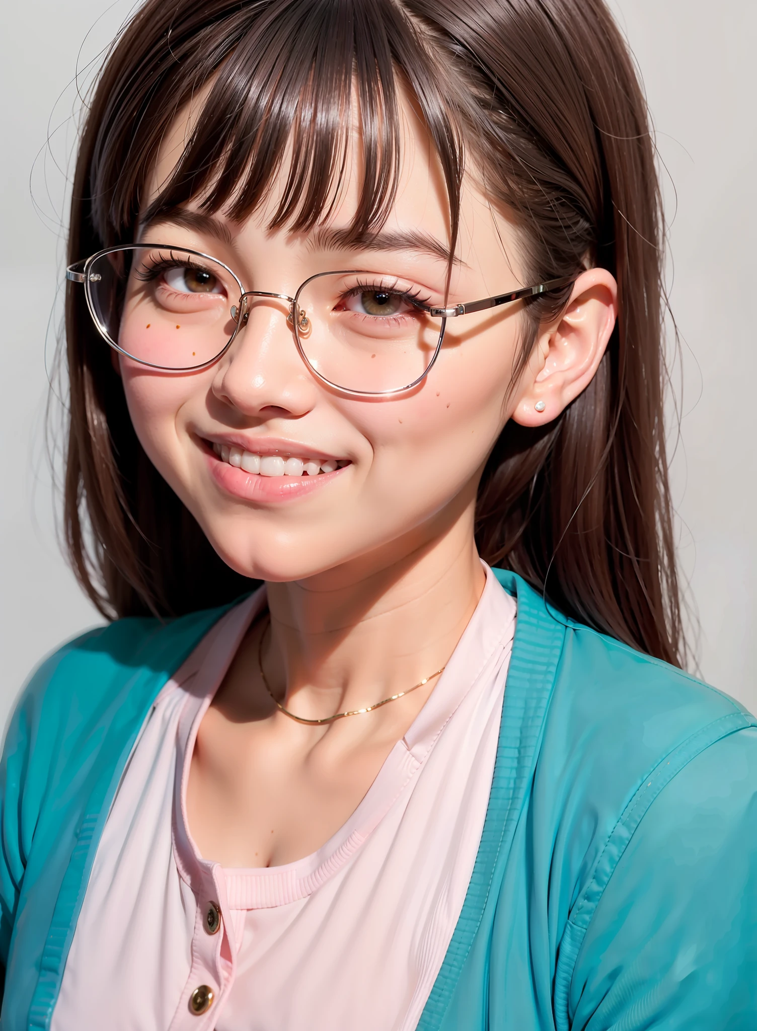 Girl Asian Wearing silver glasses Live action Pink jacket Smile showing a little teeth Selfie closer to the camera A little uneven bangs on the front Slightly chubby face 16 years old