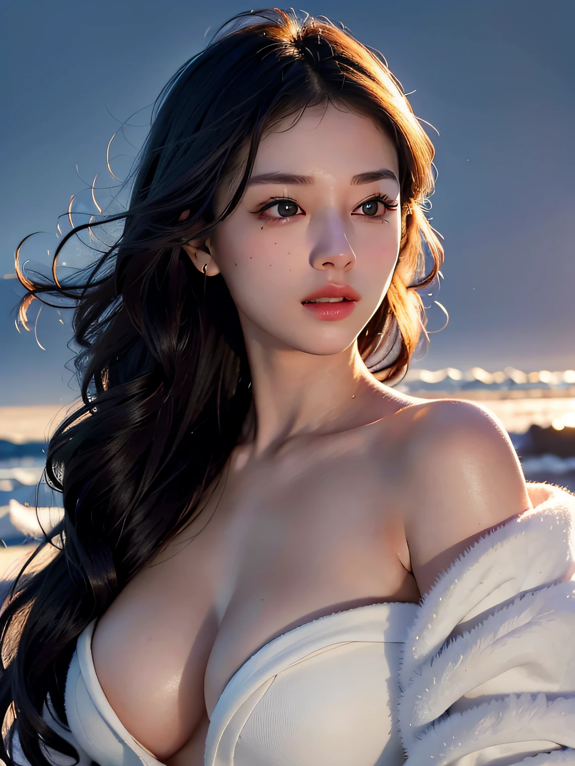 Best picture quality,Masterpiece level,Ultra-high definition,Ultimate realism(1.4),A sexy woman,Wavy shoulder,Glowing skin,Cold and dark environment,Deep shadows,Understated cold light。