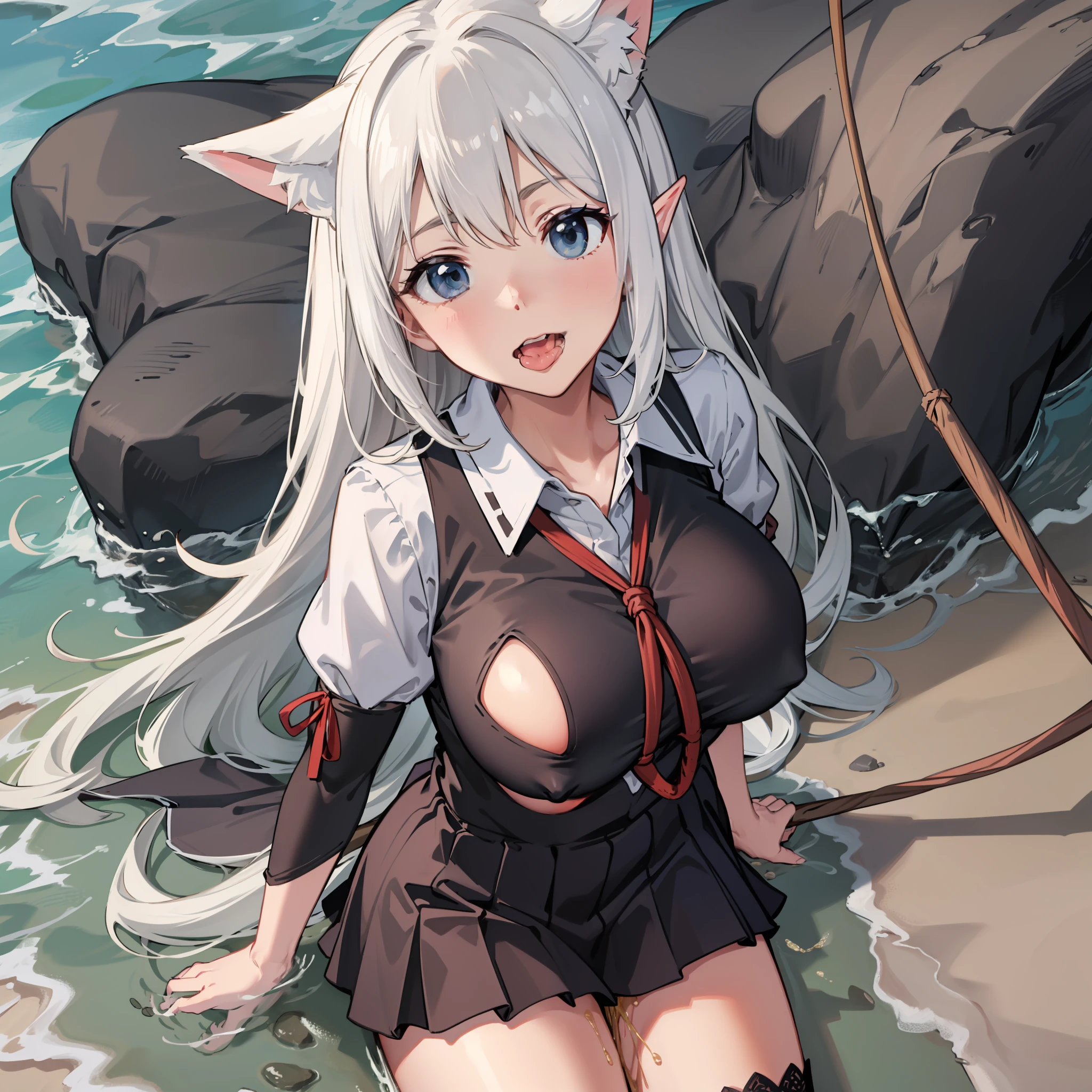 Maruko hair shape,fox tails,huge tit,Student uniform,exposing her chest,female high-school student,The whole body is tied with ropes,The chest is tied,Pee,school uniform,hyper HD,Highest high resolution,Kneeling,Barefoot,White hair,Stick out her tongue,Wear black stockings,the elf,on the beach,Lace