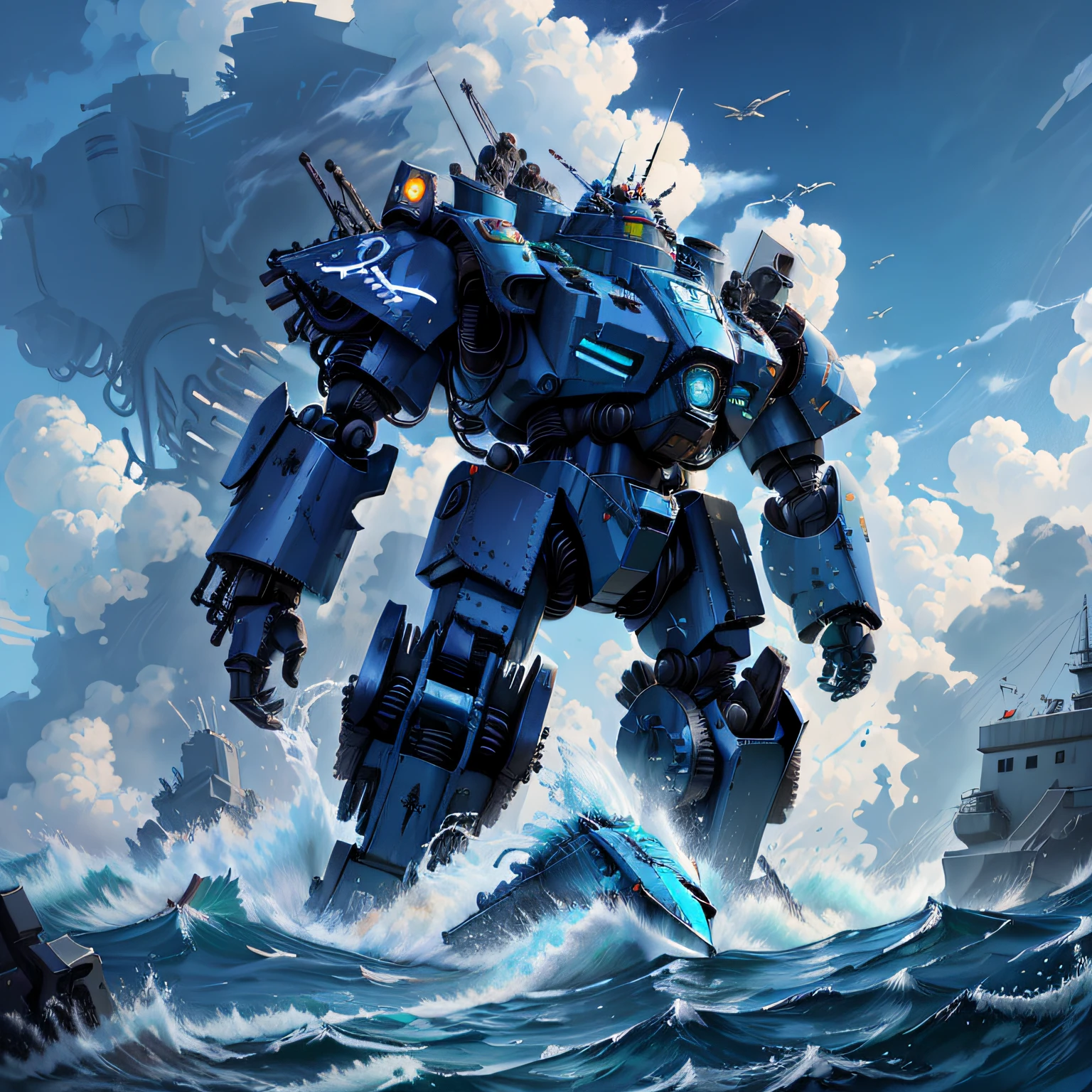 A large robot stands in the water, anime large mecha robot, seapunk mecha, mecha art, modern mecha anime, cool mecha style, Alexander Ferra Mecha, tremendous mecha robot, pacific-rim-mech in background, mecha anime, Mecha, broken ruin pacific rim jaeger, lottalewdsLargeMecha