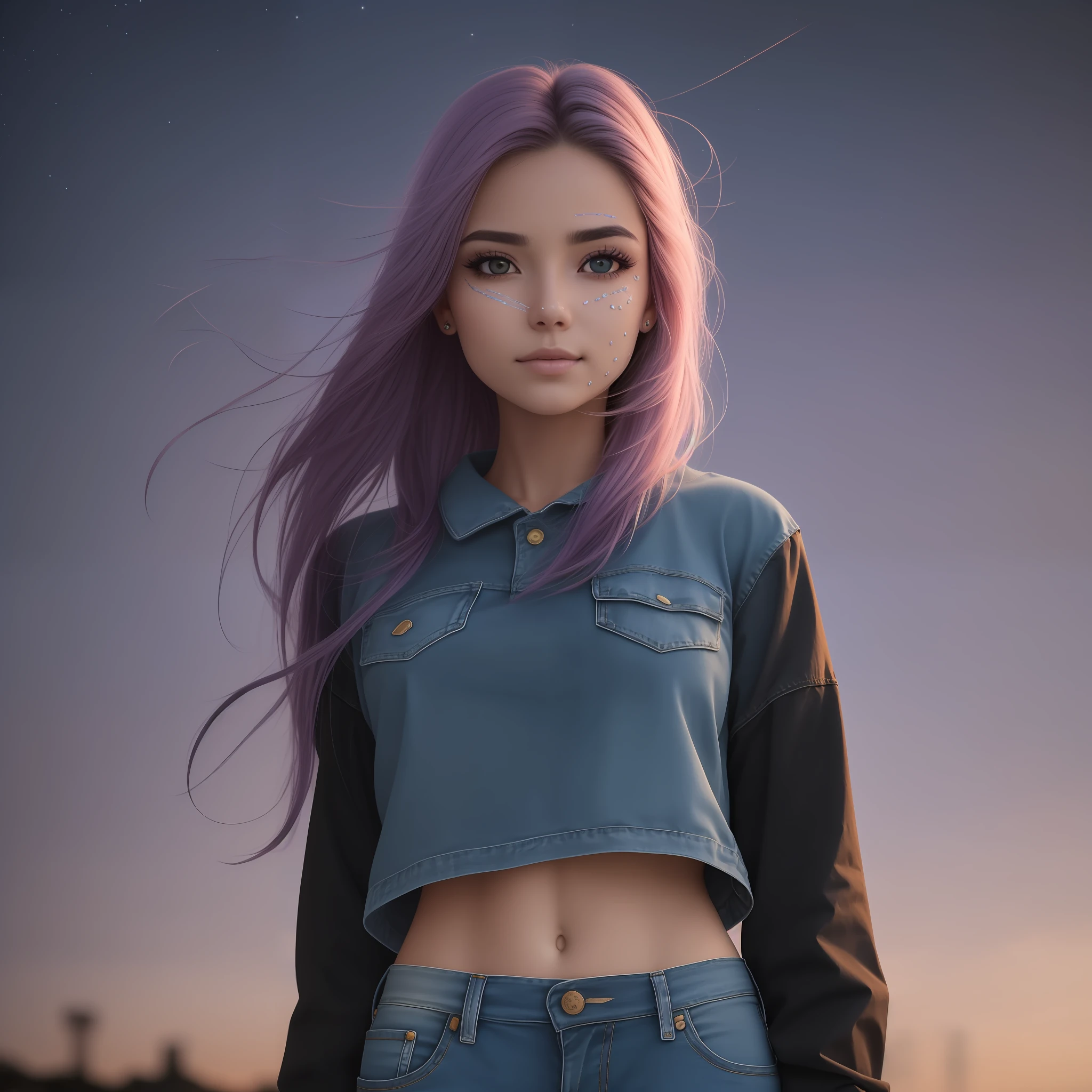 foto da parte superior do corpo de uma jovem menina italiana de 20 anos, neotenia, cabelo ondulado longo com franja, mechas azuis, olhos azuis, pele natural, 8k uhd, alta qualidade, grain of film, pale skinned, olhar sereno, ((rosto detalhado)), ((detailedfacialfeatures)), (pele finamente detalhada) obra-prima, melhor qualidade, ultradetalhada, solo, nas ruas de uma cidade cyberpunk, (noite), luzes de neon, carros voadores, (estrelas) Purple sky, feliz, casaco de couro, Denim Jeans Pants, luvas, roupa preta, soturno, sombras, contraste, starly sky, estilo , (clima frio), (perfect aspect ratio) (foto realista) (melhor qualidade) (detalhado), ((Ultra Definition)) ((ultrarrealista)) (papel de parede)