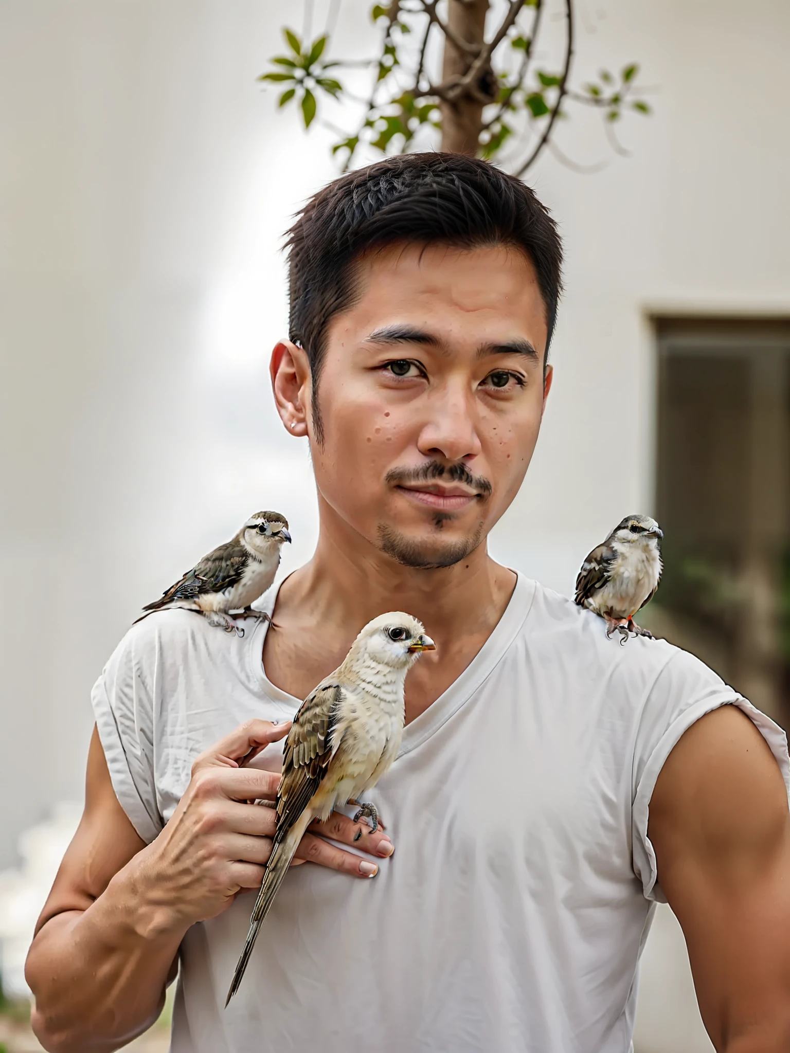 There are two birds perched on a person's arm, with chicks, with great birds, with his pet bird, pet bird, taken with canon eos 5 d mark iv, taken with a Sony A7R camera, an old man with 7 yellow birds, taken with canon 8 0 d, 8k selfie photograph, taken with sony alpha 9