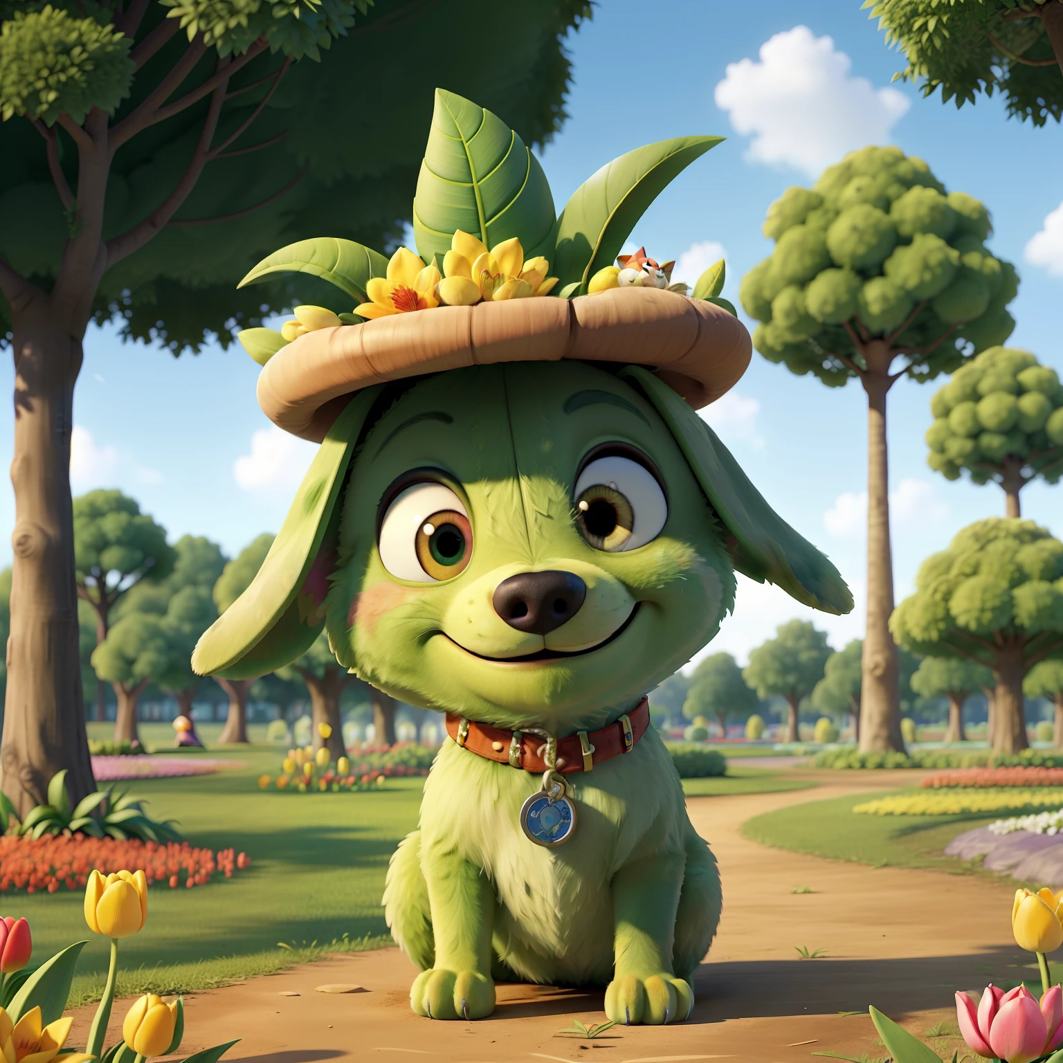 (Cute puppy:1.2), ssmile, personification, Mushroom cap on the head, rendered:(charicature:1.3,Production Movie, the pose:(Lively:1.2, amusing), modeled:(ultra-quality:1.2,8K,Orthographic view),tulips, blue-sky, for the background(A park full of greenery:1.1),{Complex and ultra-detailed,Gediminas Plankiai, Giuseppe Arcimboldo}