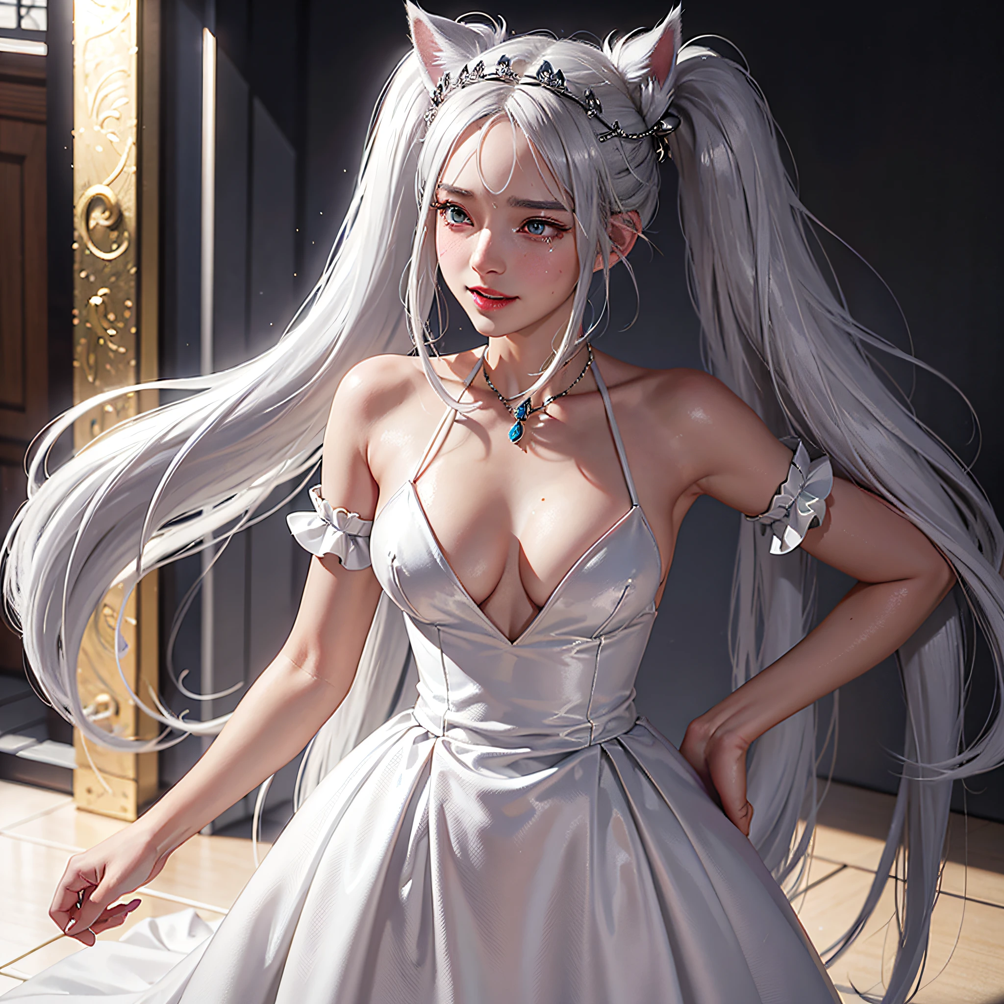 silver hair, asymmetrical hair, ahoge, very long hair, twintails, crystal hair, shiny hair, wet hair, maid headdress, forehead mark, hair bell, mole under eye, crying with eyes open, heterochromia, fox ears, smile, light smile, blush, shy, bright pupils, full blush, fang out, nose blush, full-face blush, high detail, anime style, Verism, motion blur, god rays, film grain, stereogram, UHD, retina, masterpiece, ccurate, textured skin, super detail, high details, high quality, award winning, best quality, highres, 1080P, 16k --auto