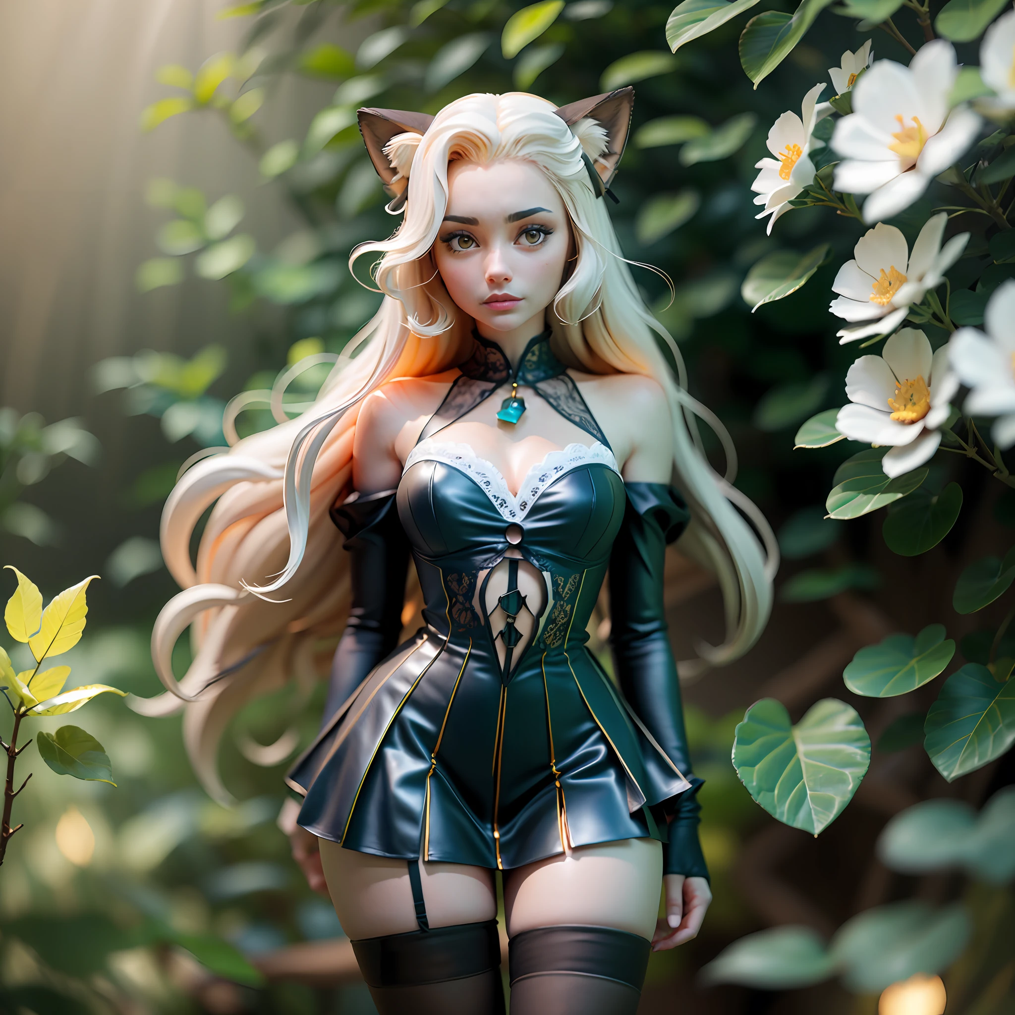 full body,best woman anatomy, detailed incredibly beautiful Russian girl stands in a three-quarter pose facing the camera against the background of a blooming yellow mallow in a short dark blue dress and high-heeled shoes in dark blue, detailed long blond hair on her legs is dressed in lace black elasticated stockings, chest small second size fox nose shape, thin waist, HDR headlight, front soft light, sun rays, dslr hasselblad c100 lens 100mm f/0.9, super high detail, super even focus, Roberto Valenzuela style --auto --s2