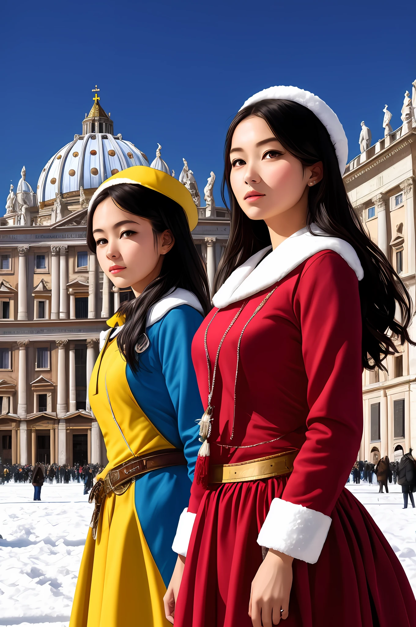 (Positive focus),2girls,duo,navel,(on the St. Peter's Square of Vatican,crowd,winter,Snowy),Surrealistic Female Portraits by David Hockney and Alphonse Mucha,Fantasy art,photograph realistic, Dynamic lighting,art stations,poster for,Volumetriclighting,Very detailed faces,4K,Award-Awarded,Fantastic costumes,Deep shadows,low tune,cowboy lens, (official outfit:1.4), looking at the camera in, Half-body shot,((Realistic face))),