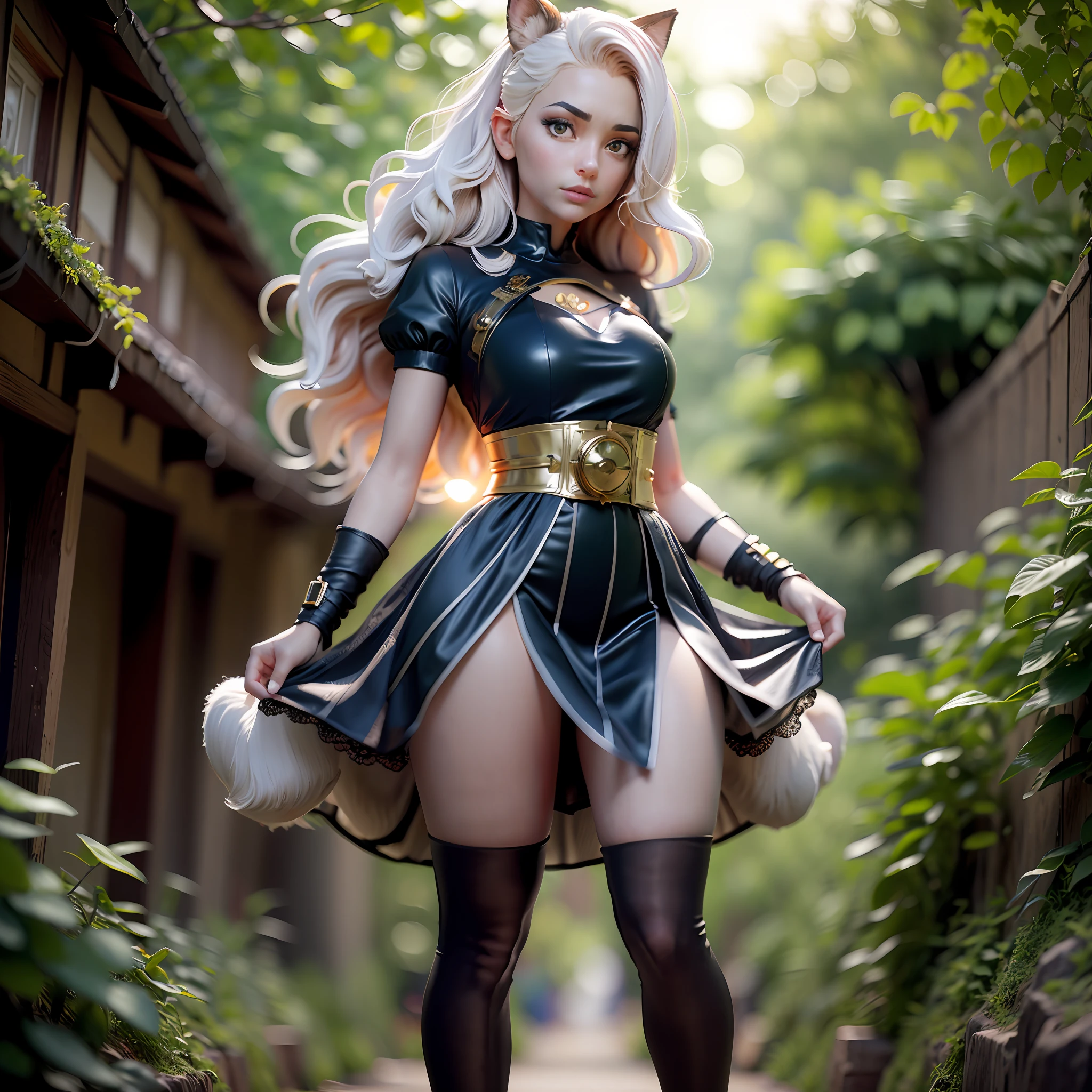 full body,best woman anatomy, detailed incredibly beautiful Russian girl stands in a three-quarter pose facing the camera against the background of a blooming yellow mallow in a short dark blue dress and high-heeled shoes in dark blue, detailed long blond hair on her legs is dressed in lace black elasticated stockings, chest small second size fox nose shape, thin waist, HDR headlight, front soft light, sun rays, dslr hasselblad c100 lens 100mm f/0.9, super high detail, super even focus, Roberto Valenzuela style --auto --s2