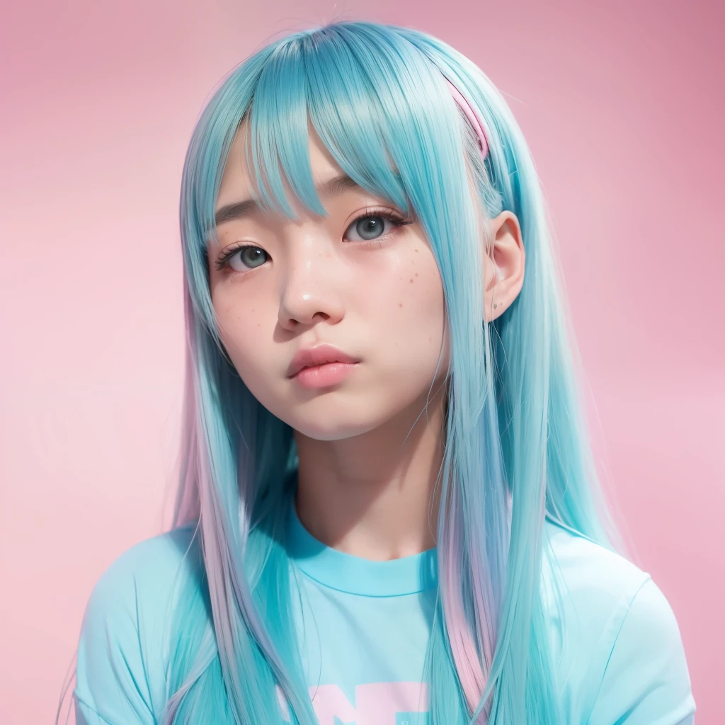 girl, asian, light blue hair, long hair, bangs, blue eyebrows, freckles, dreamy expression, looking away, pink background, pink light, vibrant colors