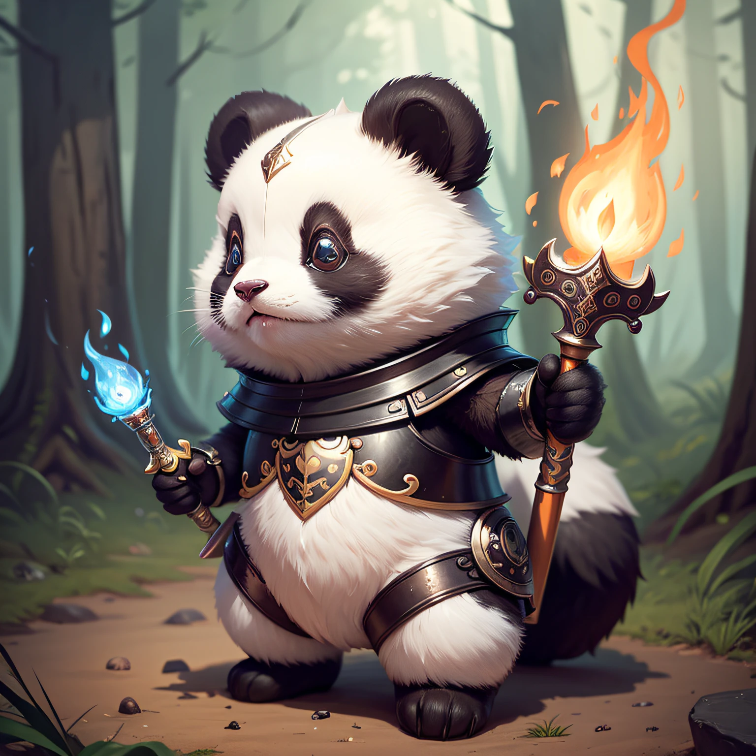 There is a panda,Wearing armor,Holding a flame sword in his hand,Cute detailed digital art,lovely digital painting,adorable digital art,cute anthropomorphic bunny,Cute 3d rendering,Lovely detailed artwork,adorable creature,Cute cartoon character,Cute little animals,cute artwork,beautiful digital artworks,dream animal cute eyes,cute forest creature,cute animal --auto