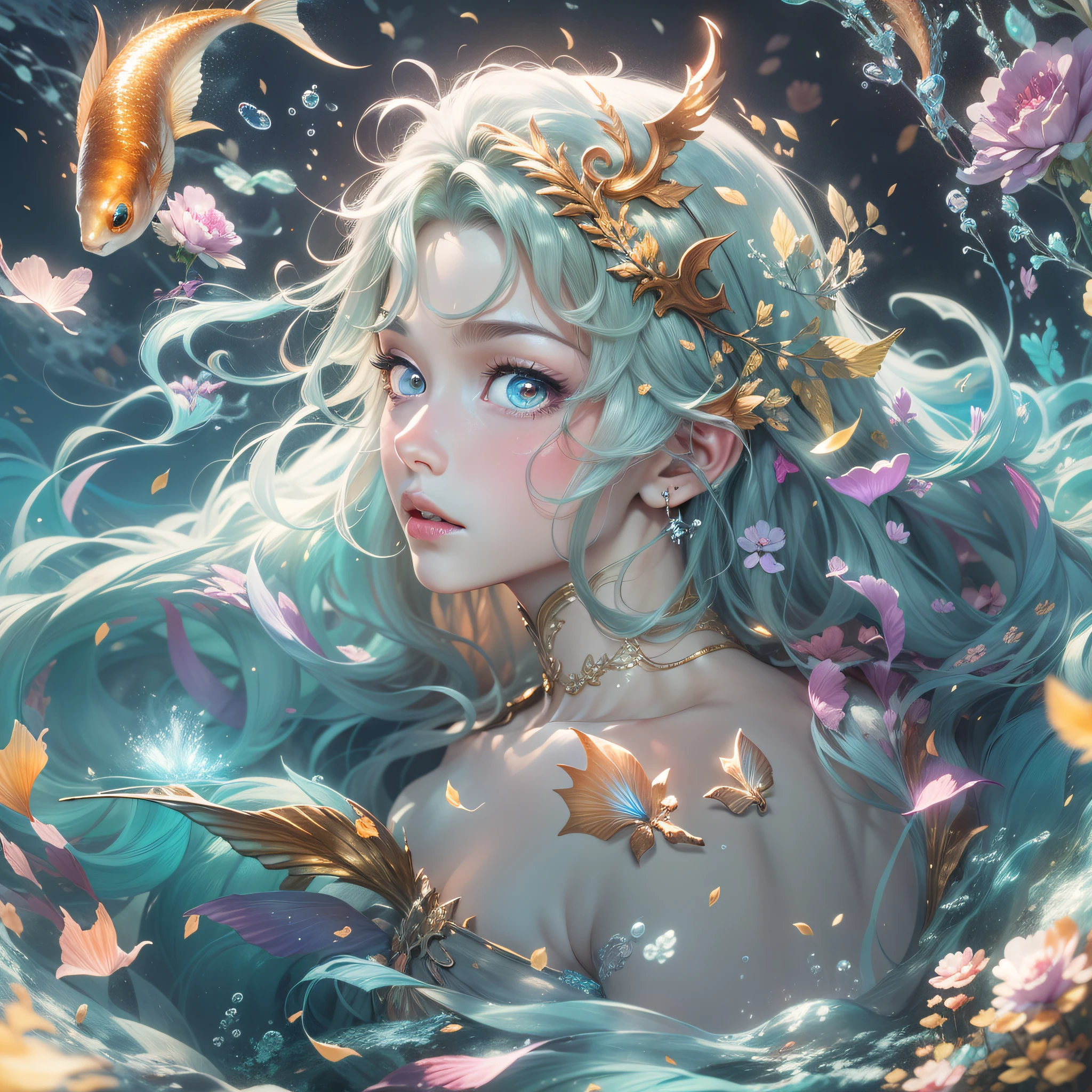 High-quality underwater graphics 8K resolution,Prince Mermaid,Fairy painting style,It's so charming that you can't take your eyes off,spellbinding。The prince is handsome and charming,sharp looking eyes,The nose is high,Snow-white skin,The tail is golden,Cloak blue,Abdominal muscle building,long hair flowing。The romantic scene is intoxicating,style of anime,Gongbi drawing effect,Tyndall effect,Glow effects,Realistic graphics,Romantic graffiti。
