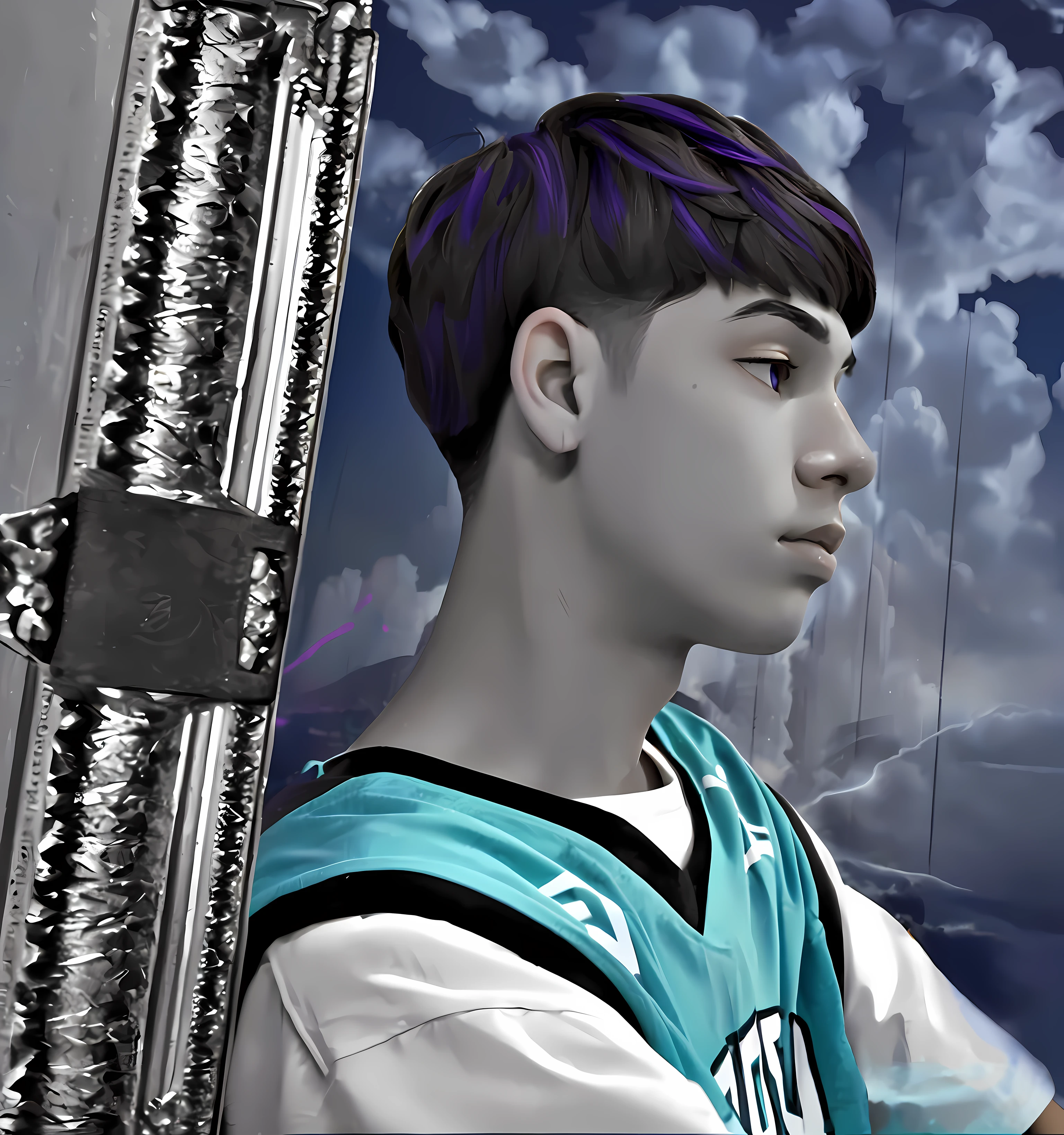 There is a boy with purple hair and blue shirt, posterizado, cor posterizada, Colorido saturado, feito com photoshop, foto em estilo de Tyler Mitchell, edited not Photoshop, ((Saturado)), dessaturados!!, cor teal graduada, inspirado em Randy Vargas, Imagem ampliada de 16k, inspirado em Xanthus Russell Smith, Obra-prima estilo Vaporwave