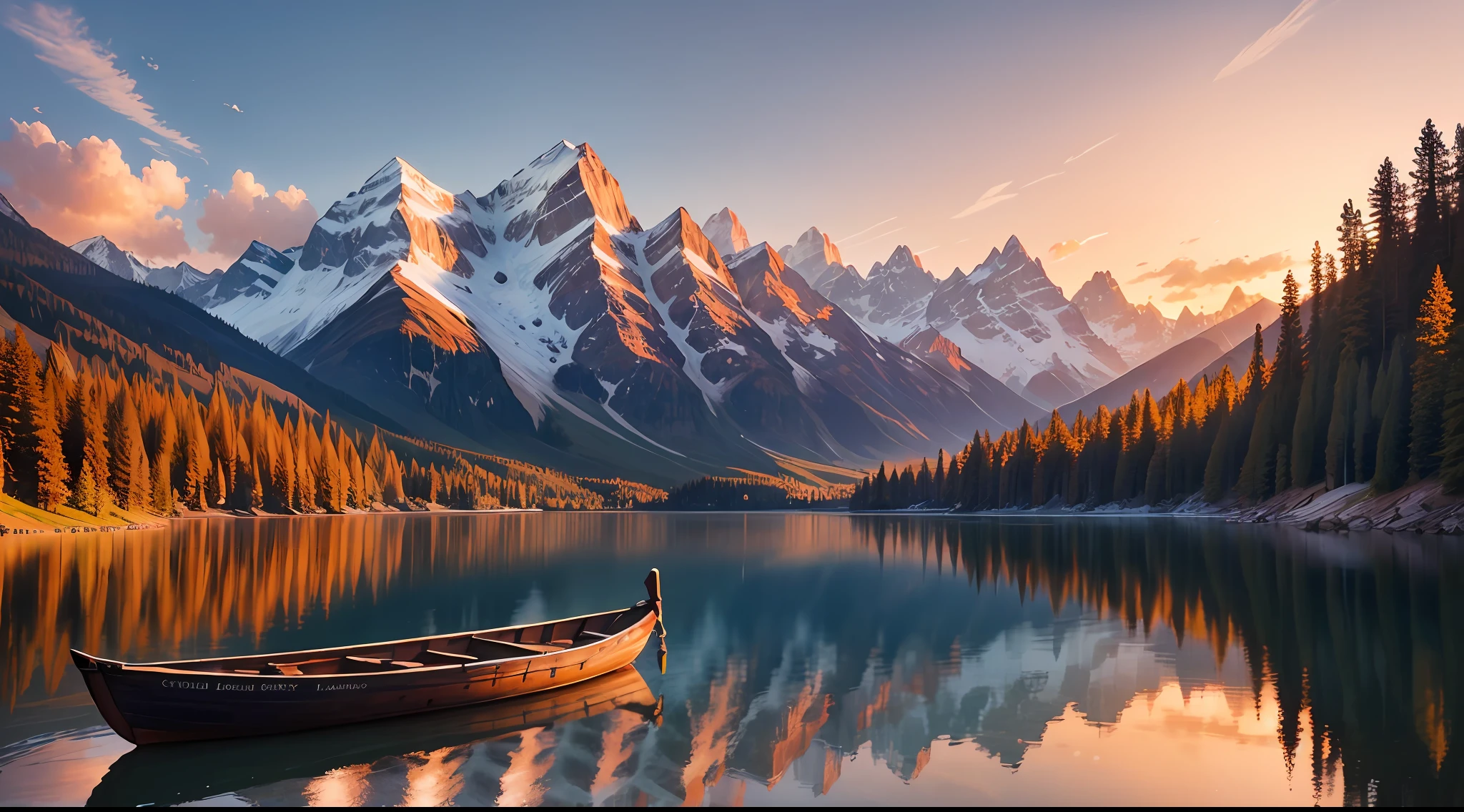 lakeside with Gorgeous Mountain Scenery, wooden boat, sunset