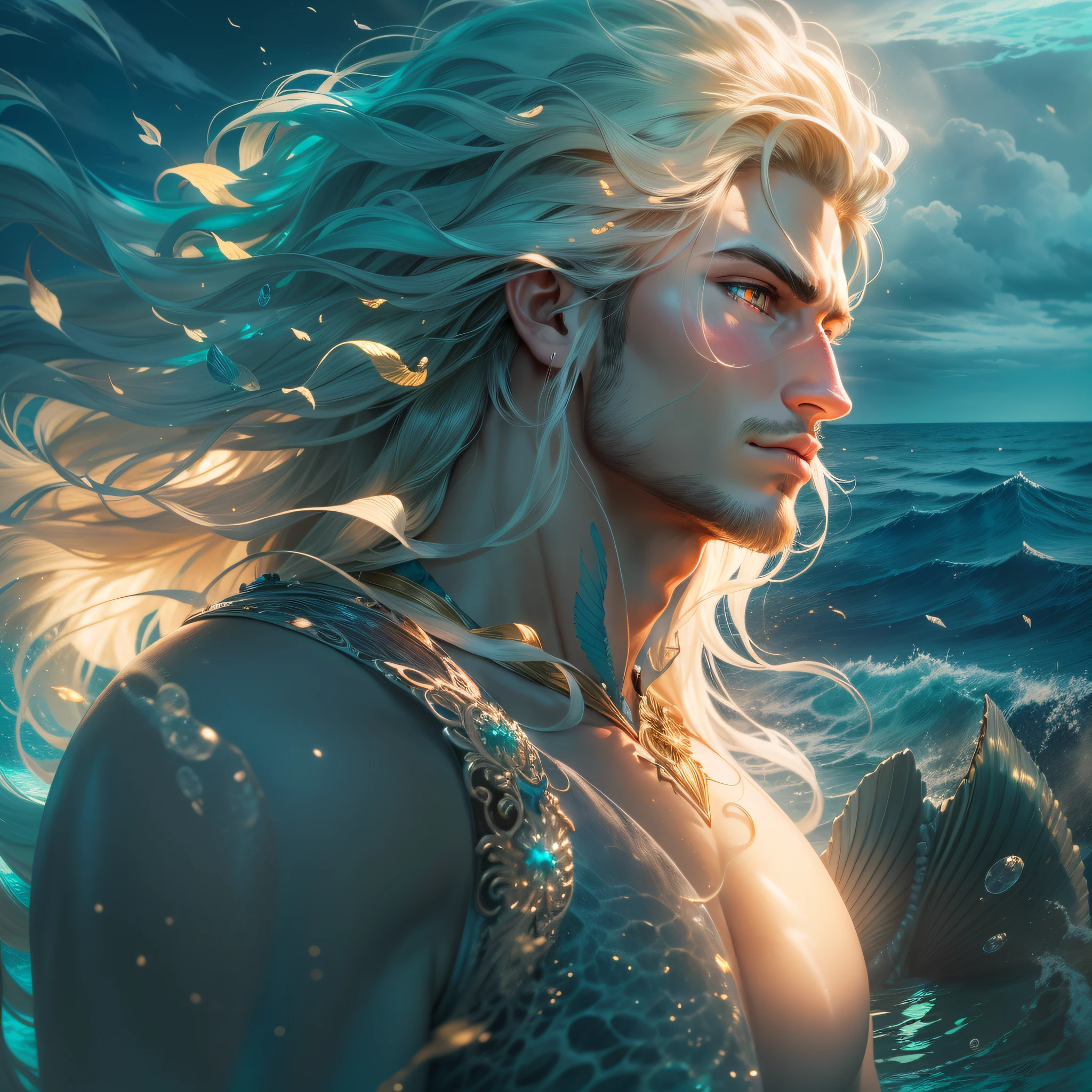 The handsome face of the mermaid king sitting on the sea , Cold eyes , a tall nose , Fair skin , Golden tail , Delicate blue cape , Toned abdominal muscles , long and flowing hair . Stunning ocean scene , Tyndall effect , Glow effects , in the style of anime art , Romantic graffiti , Meticulous , Realistic graphics ,8K