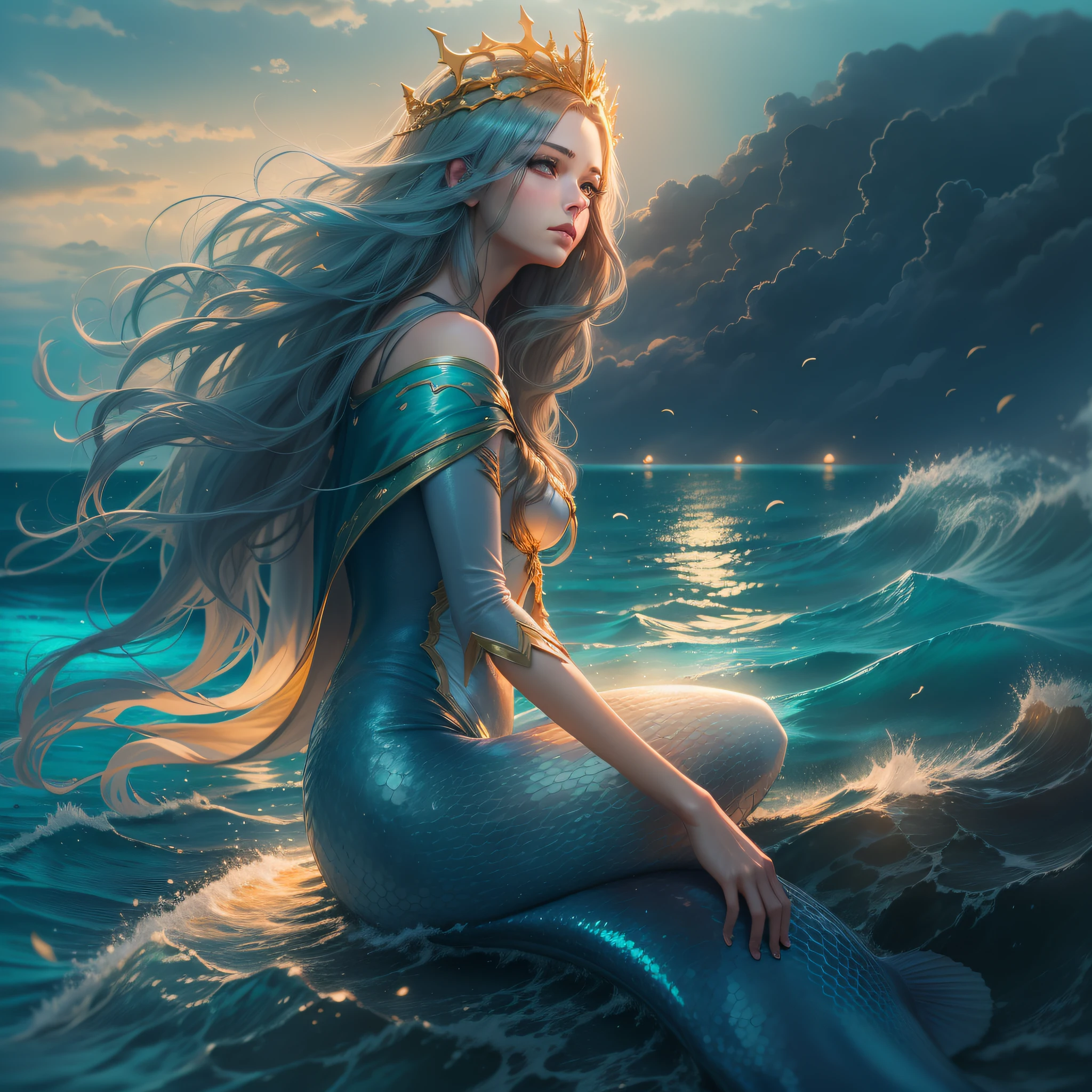 Mermaid princess sitting on the sea,beautiful face , Cold eyes , a tall nose , Fair skin , Golden tail , Delicate blue cape , , long and flowing hair . Stunning ocean scene , Tyndall effect , Glow effects , in the style of anime art , Romantic graffiti , Meticulous , Realistic graphics ,8K