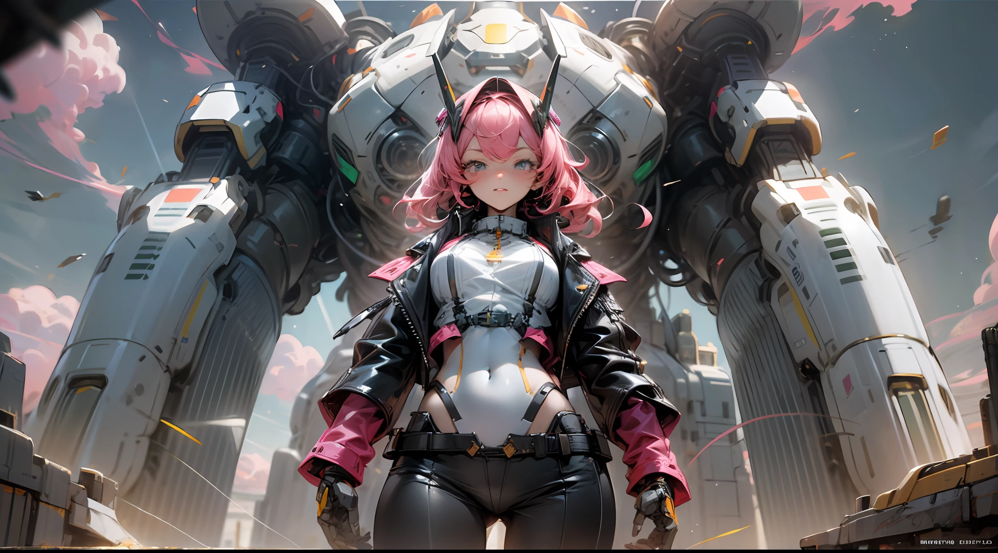 (outstanding, professional, surreal), towering buildings rise from the ground to form a magnificent landscape of the futuristic city. In the center of the picture, a huge and magnificent robot mech stands tall. Its pink metal shell shimmers, and the delicate textures and intricate lines of the robot mech outline its high-tech figure. The robot mech is tall, exuding an unparalleled sense of majesty and power. The robot mech has bright LED lights embedded in its shoulders, flashing in various bright colors, like the bright stars of the future city. Its arms are equipped with powerful energy weapons and are ready to meet the challenges of battle. Standing next to the robot, we see a striking teenage girl. She wears a black leather jacket and close-fitting black stockings, highlighting her perfect figure. The texture of the black leather jacket contrasts with the metallic texture of the robot, showing a unique visual effect. The girl's firm and resolute eyes show that she is fearless, (the girl is in good shape, wearing leather clothes, showing her navel, medium breasts, and clear facial details) --auto --s2