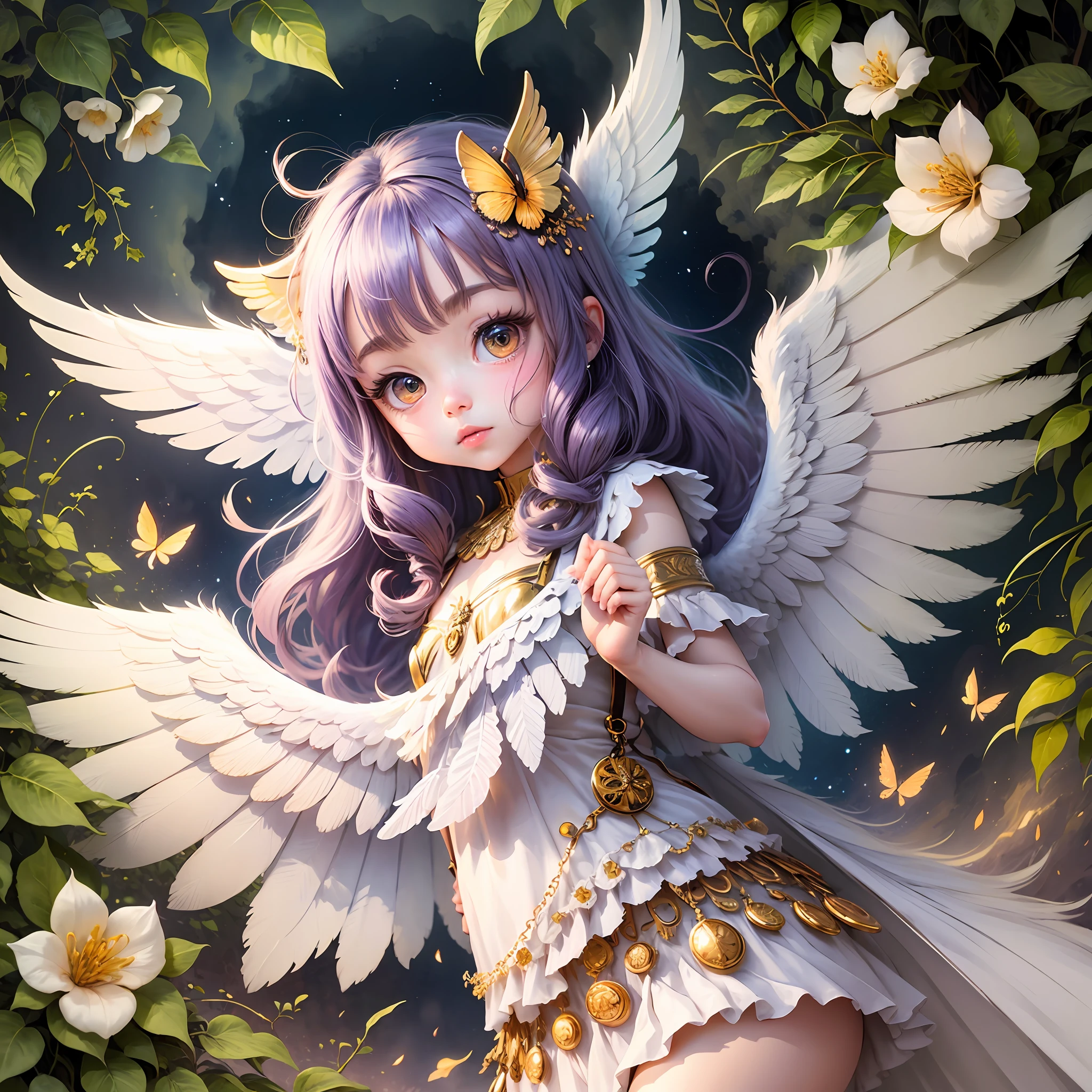 Seamless heavenly enchanted forest, cute adorable chibi angel with wings on a white background. Watercolor style, with a little lilac and gold theme --auto --s2