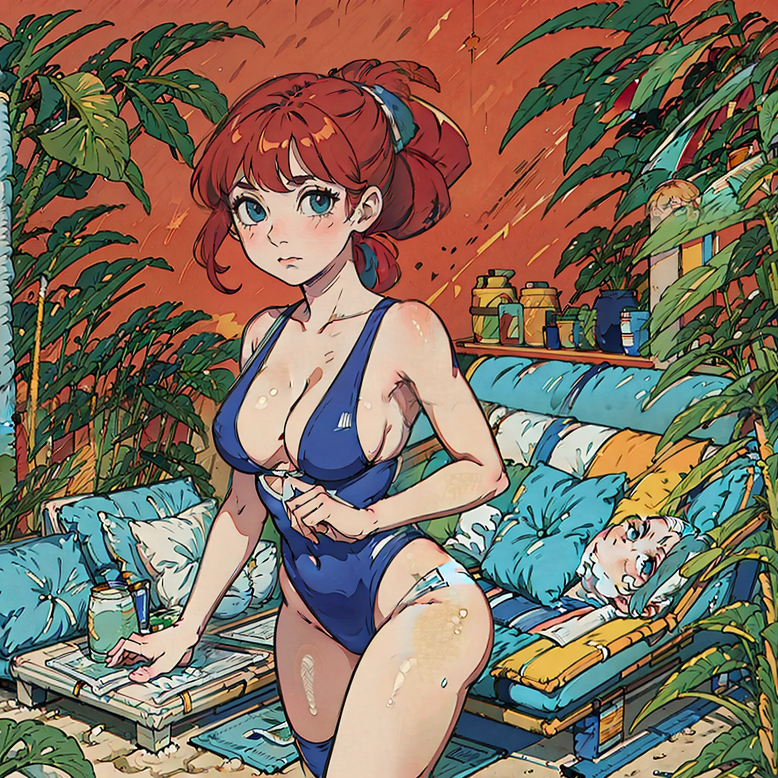 (masterpiece), best quality, expressive eyes, perfect face, V-sling swimsuit, Oily Skin, Looking at viewer, Pull, Ponytail hair, Vibrant, A Tall Woman, Beach