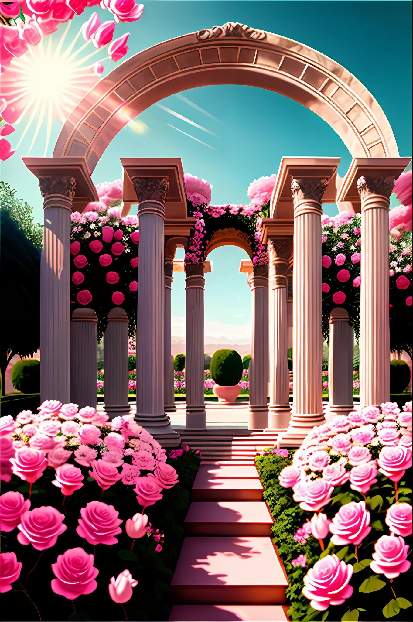 A rich rose garden with arches and round white gold marble columns carved in Roman style in a straight perspective with pink flowers in soft sunlight