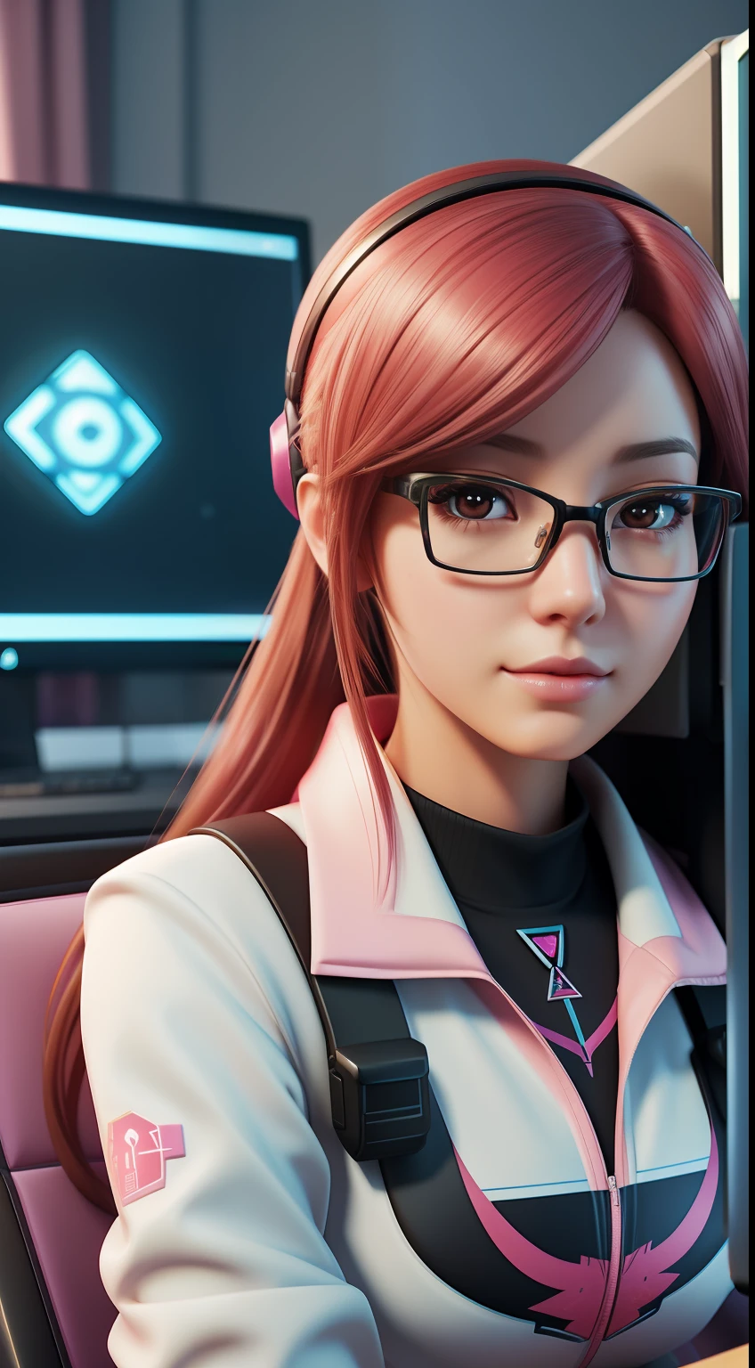 a close up of a person sitting in front of a computer, trending on cgstation, rendered in sfm, deviantart artstation cgscosiety, kawaii hq render, extremely detailed artgerm, 🌺 cgsociety, sitting in her room, nerdy, realistic anime 3 d style, ross tran style, nerdy appearance, some pink, from overwatch
