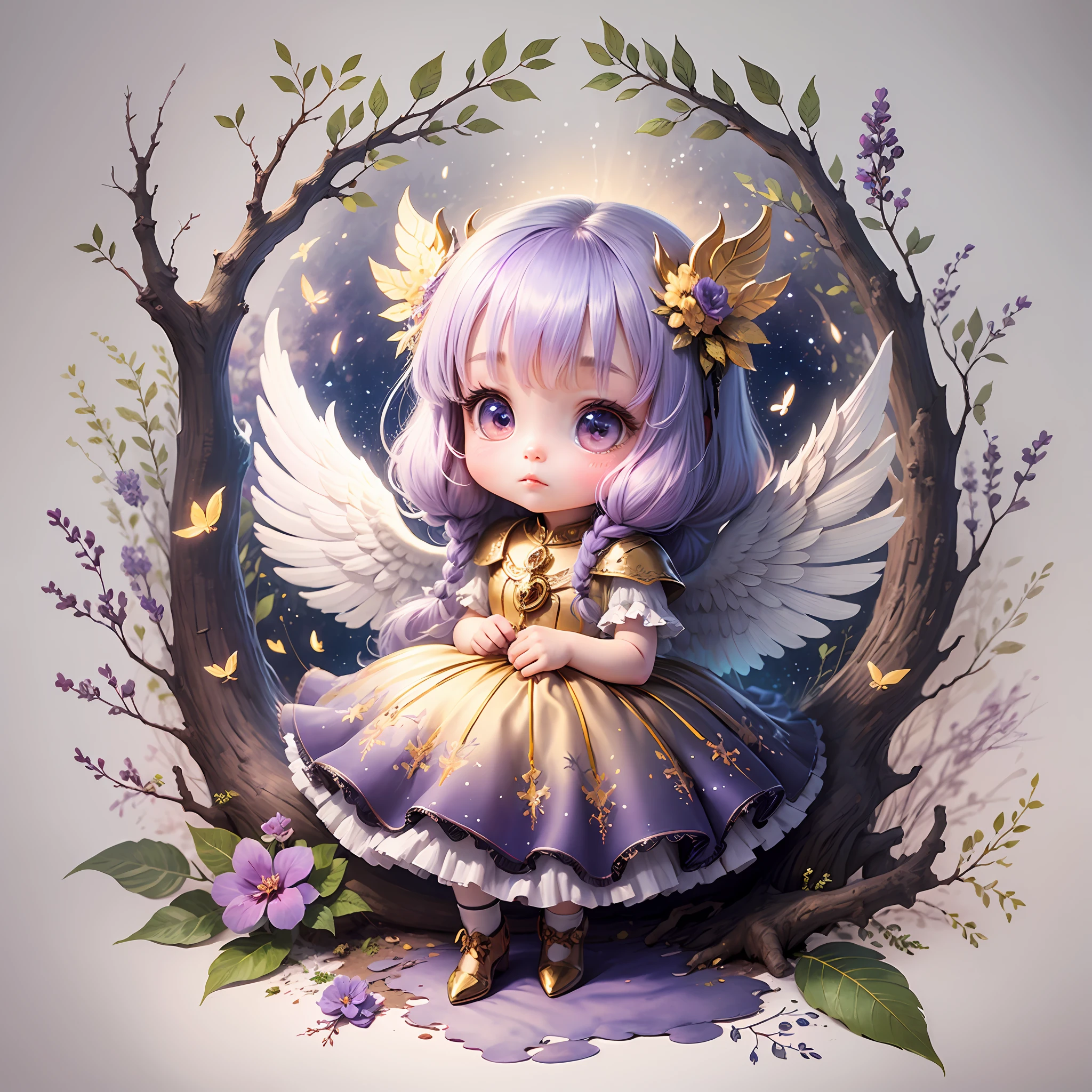 Seamless heavenly enchanted forest, cute adorable chibi angel with wings on a white background. Watercolor style, with a little lilac and gold theme --auto --s2