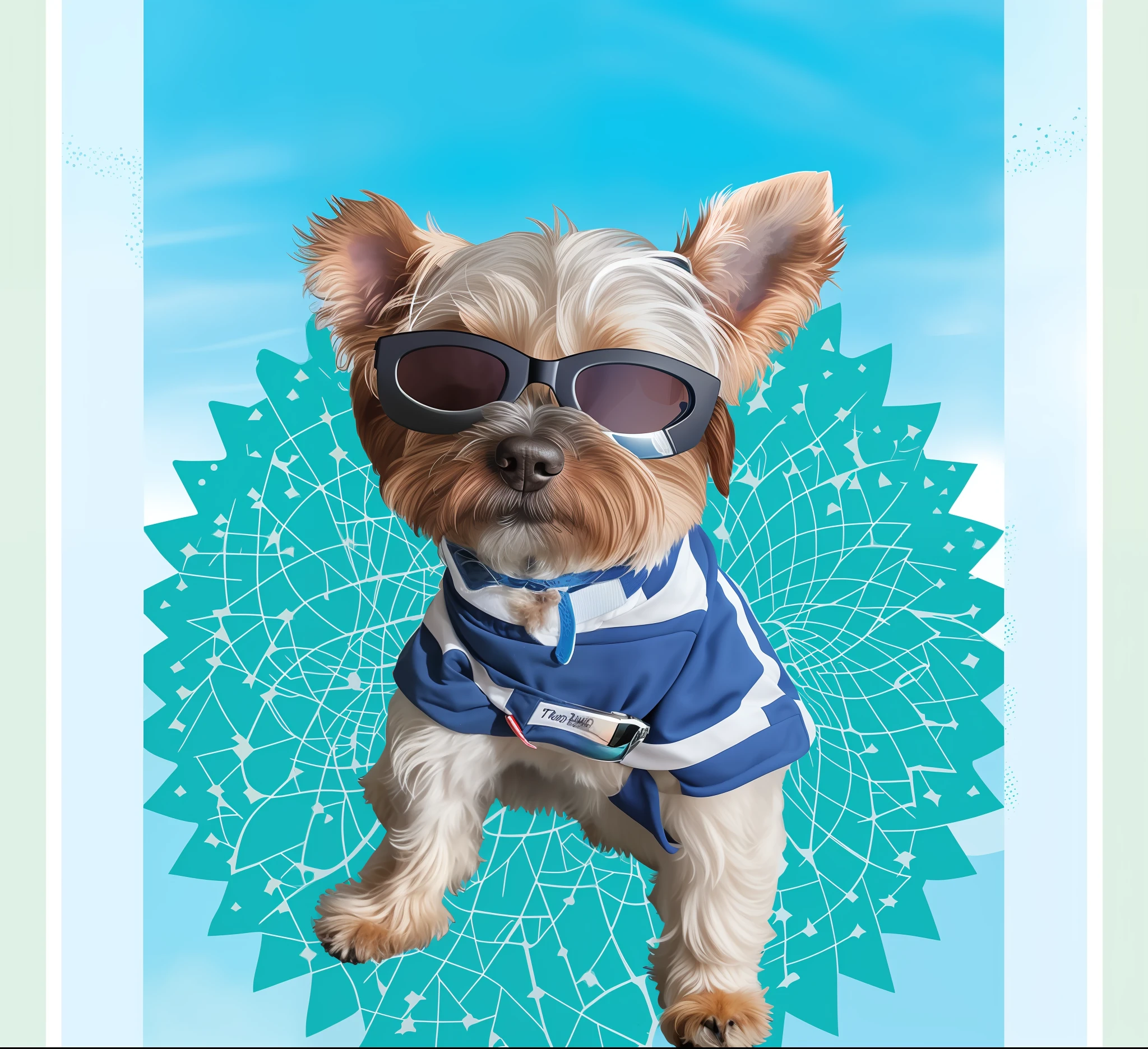 desenho, melhor qualidade, 3d, There is a dog wearing a shirt and sunglasses on a blue background, olhando heckin legal e elegante, wearing blue sunglasses, tempo ensolarado, with sunglasses, Yorkshire Terrier, dia ensolarado brilhante, in sunglasses, goggles around his neck, with sun glasses, wearing cool sunglasses, sunny skies, blue skies, em tempo ensolarado, sunny Summer day, tempo muito ensolarado