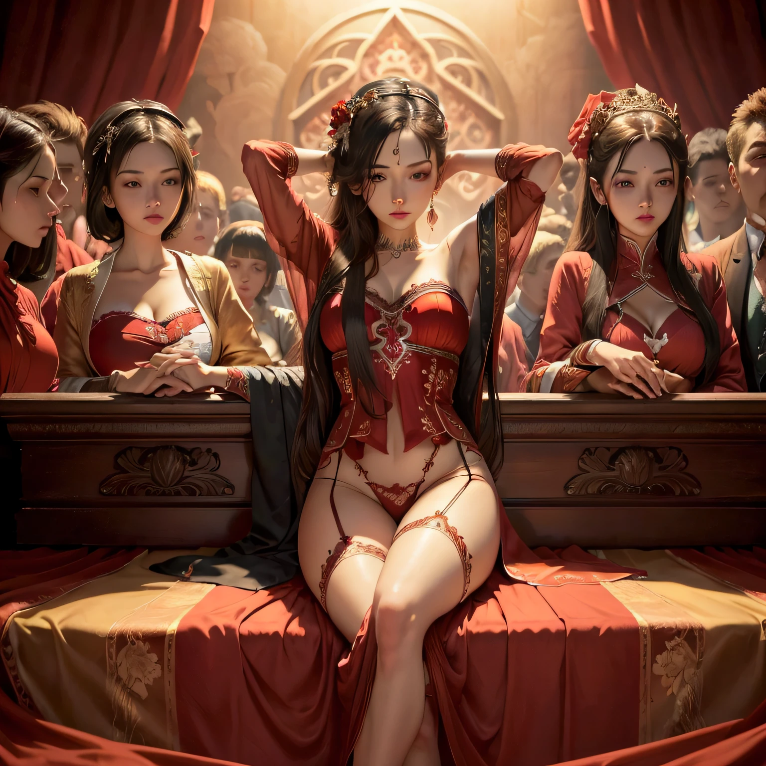 (masterpiece), best quality, extremely detailed, formal art, beautiful and aesthetic, sitting down, legs spread, hands behind head, fingers spread, red lingerie, surrounded by a large group of people. --auto
